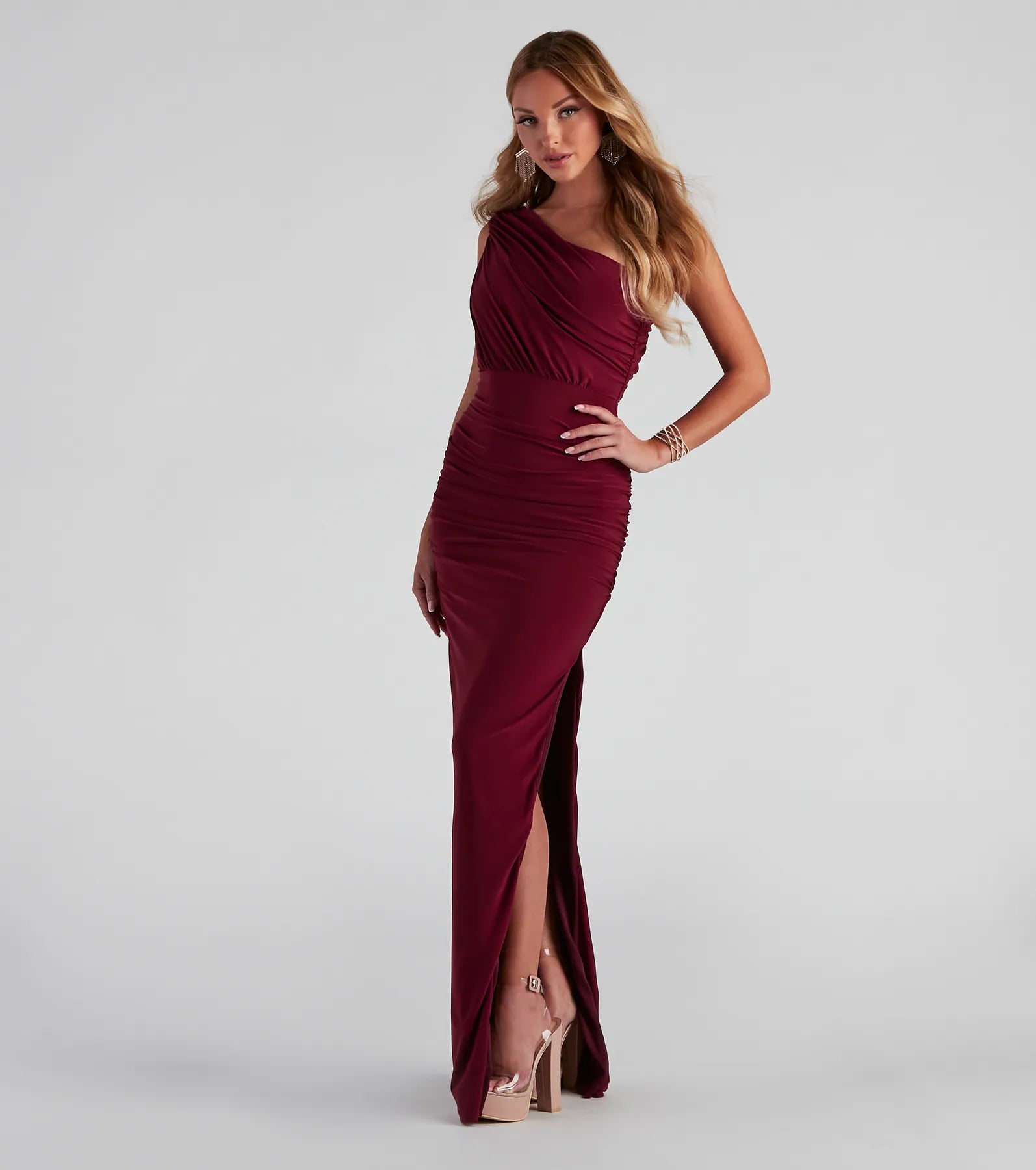 Adora Formal One-Shoulder Ruched Dress - BURGUNDY