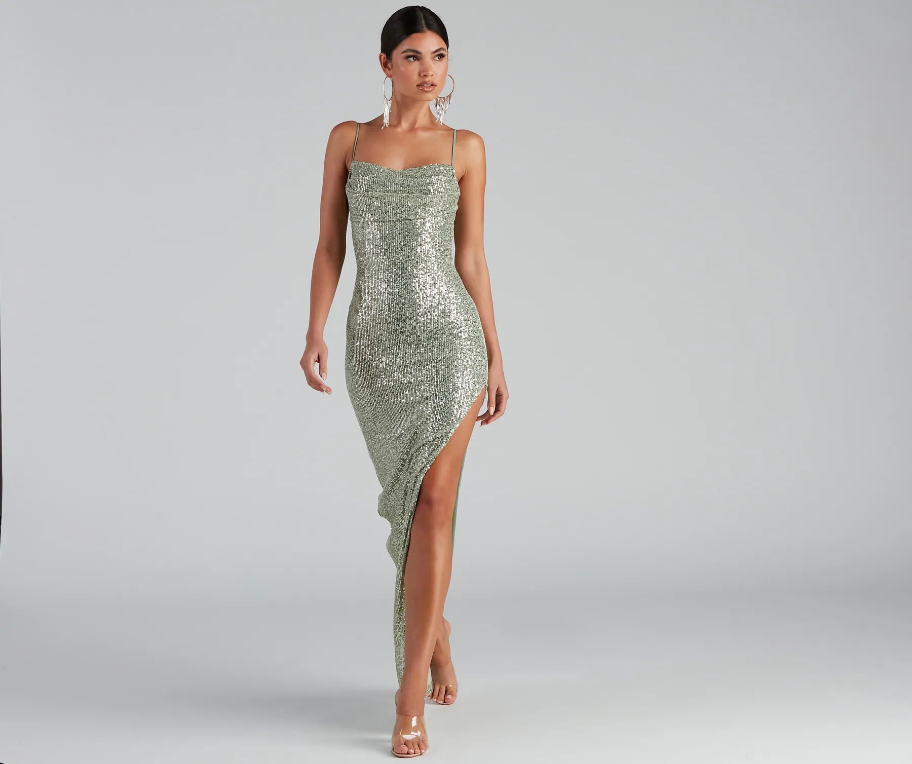 Fatima Sequin Cowl Neck Bodycon Formal Dress - SAGE