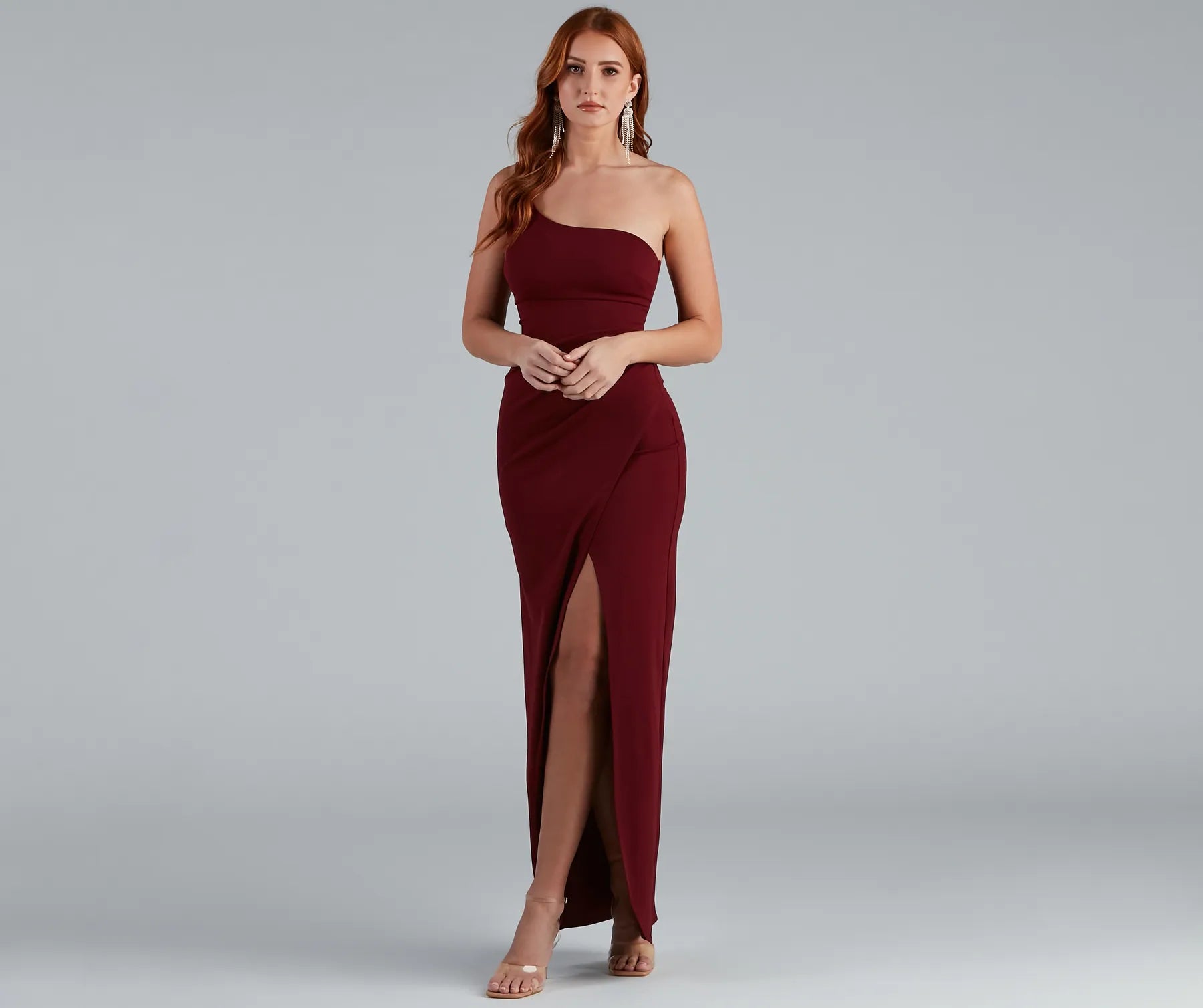 Iris One-Shoulder Crepe Dress - BURGUNDY-2