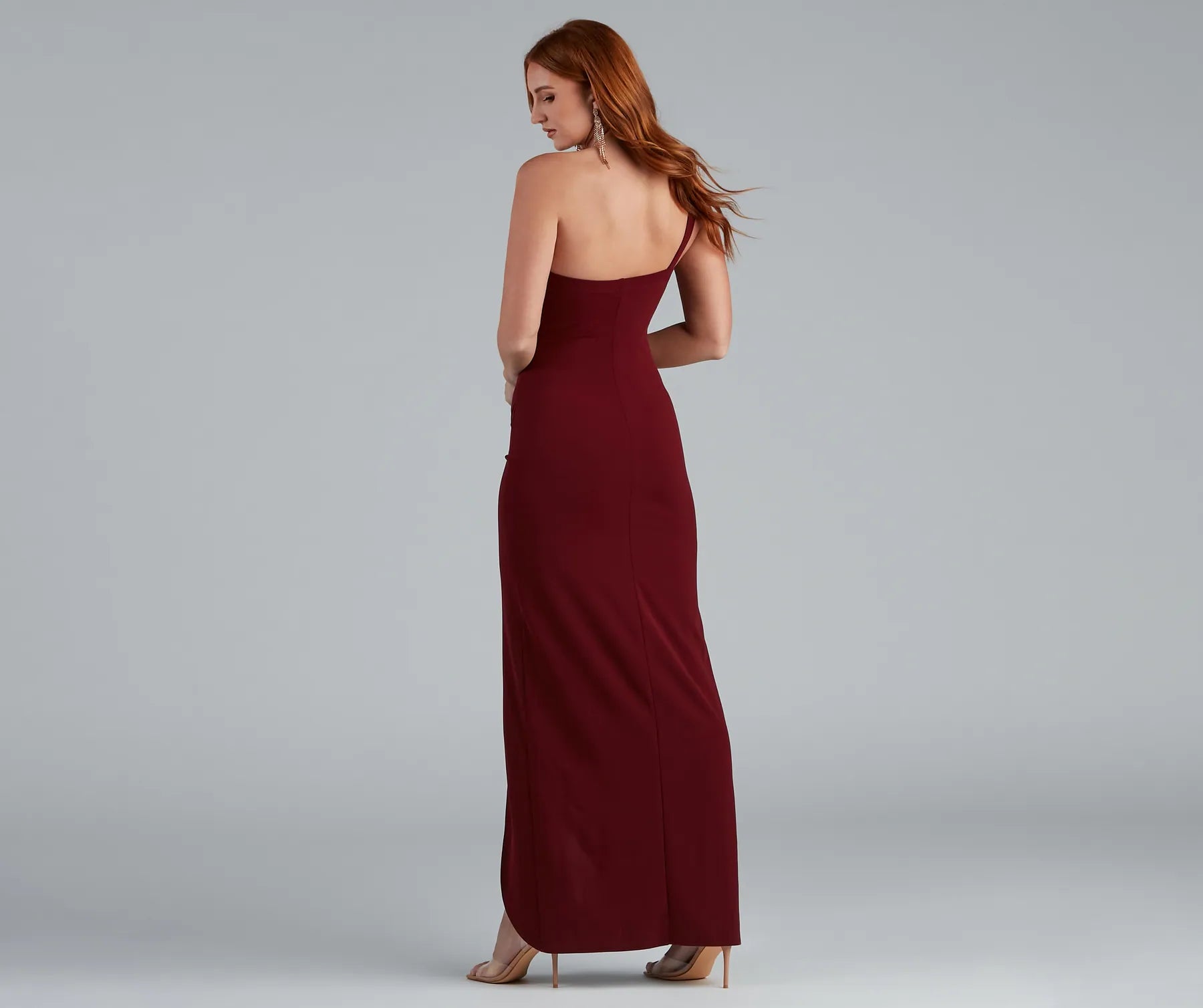Iris One-Shoulder Crepe Dress - BURGUNDY-2