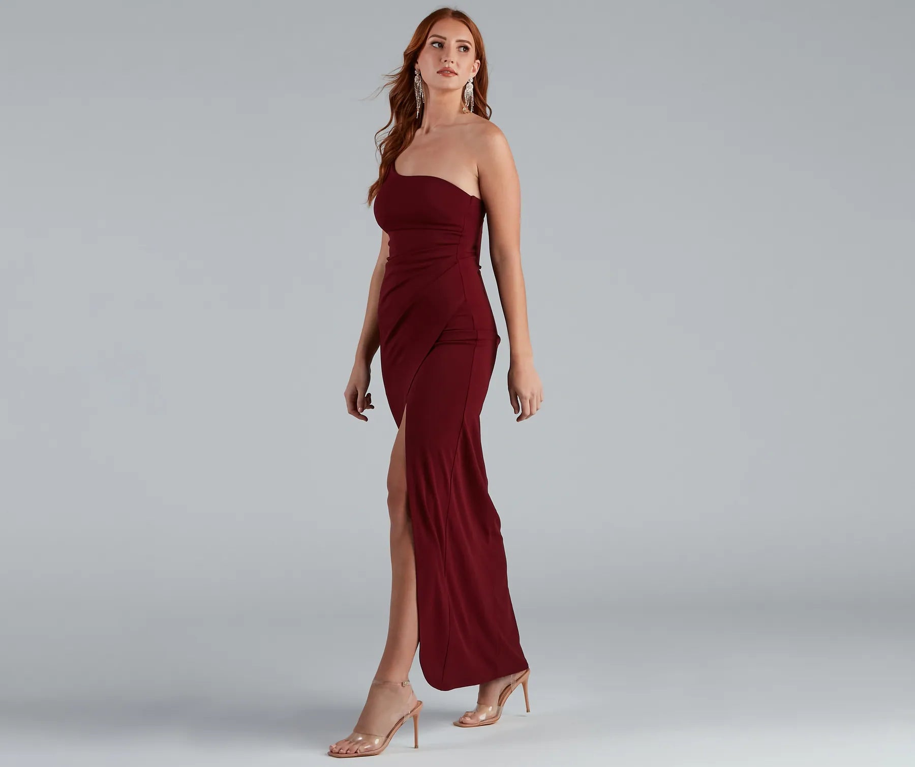Iris One-Shoulder Crepe Dress - BURGUNDY-2