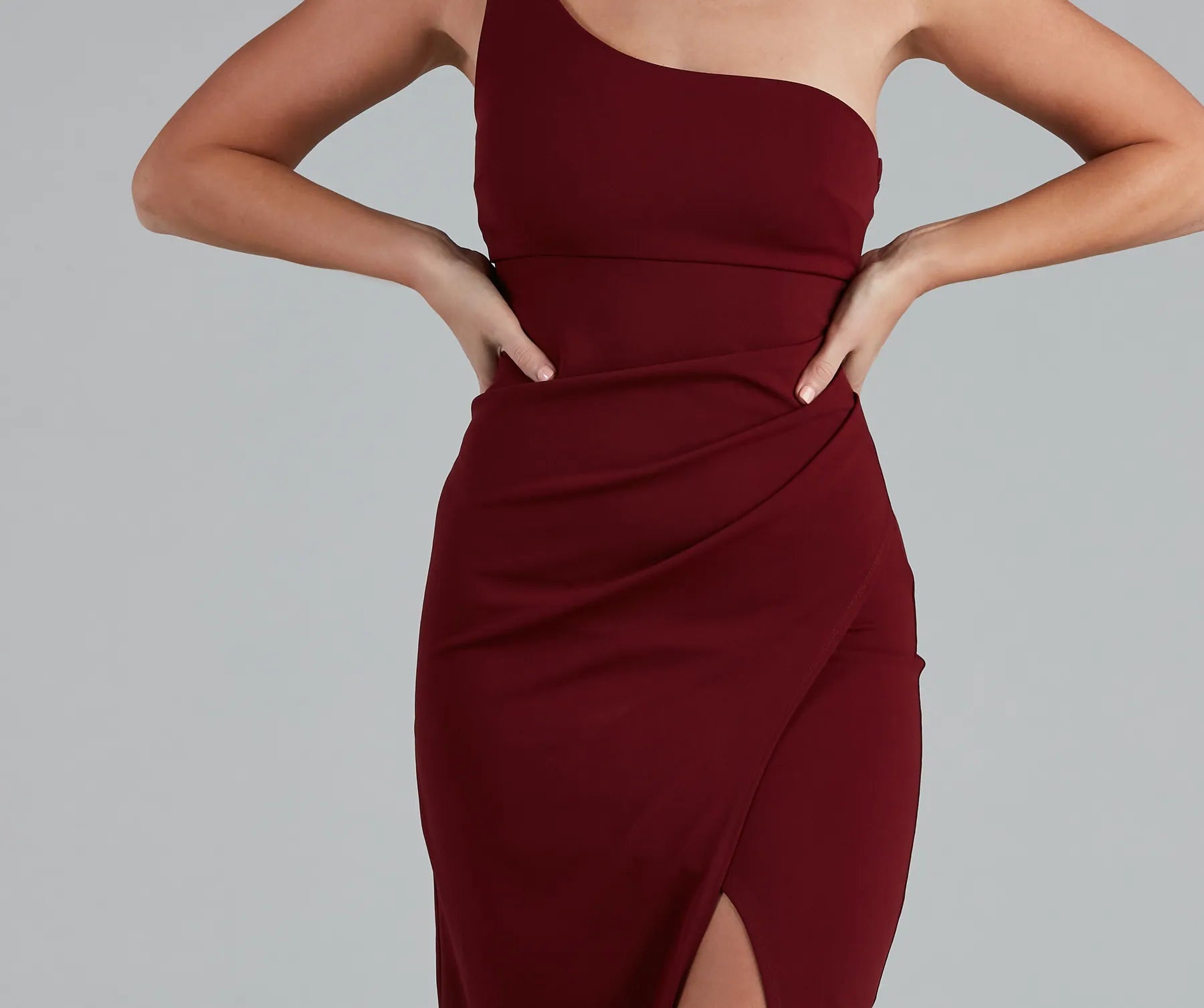 Iris One-Shoulder Crepe Dress - BURGUNDY-2