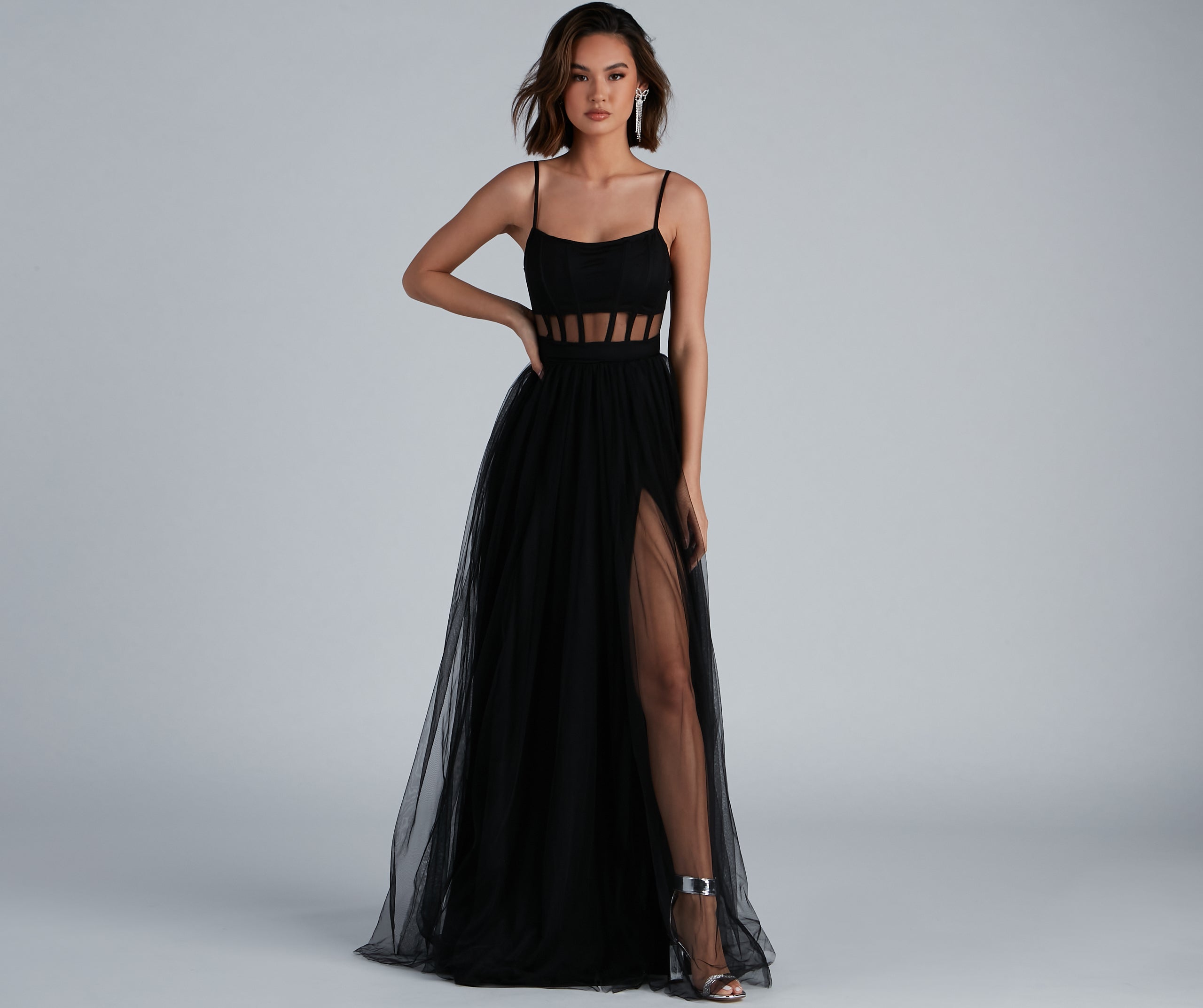 Kim Mesh Corset Tulle Formal Dress - BLACK