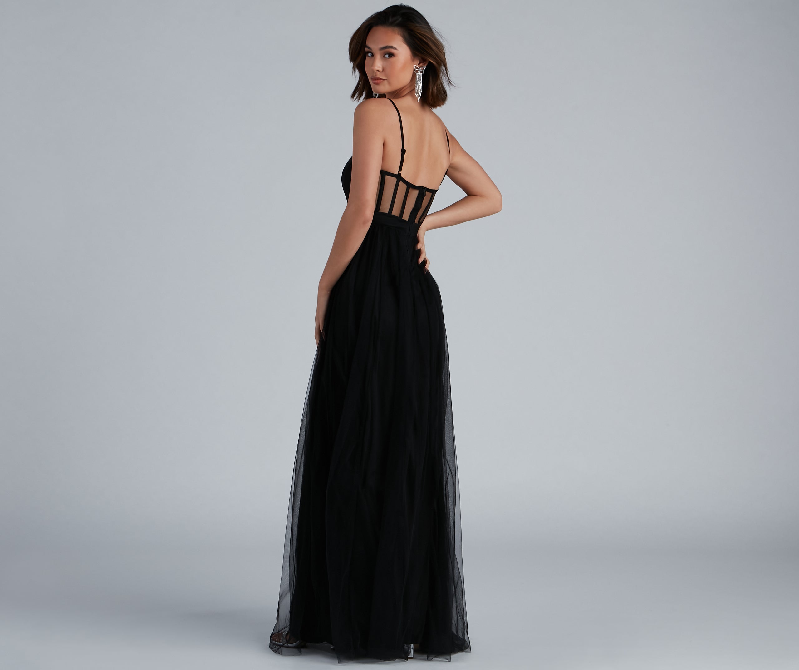 Kim Mesh Corset Tulle Formal Dress - BLACK