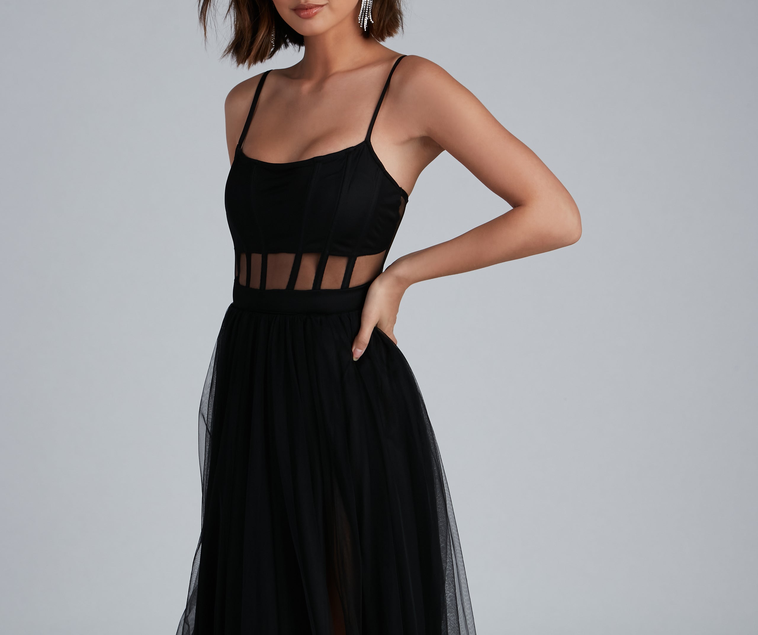 Kim Mesh Corset Tulle Formal Dress - BLACK