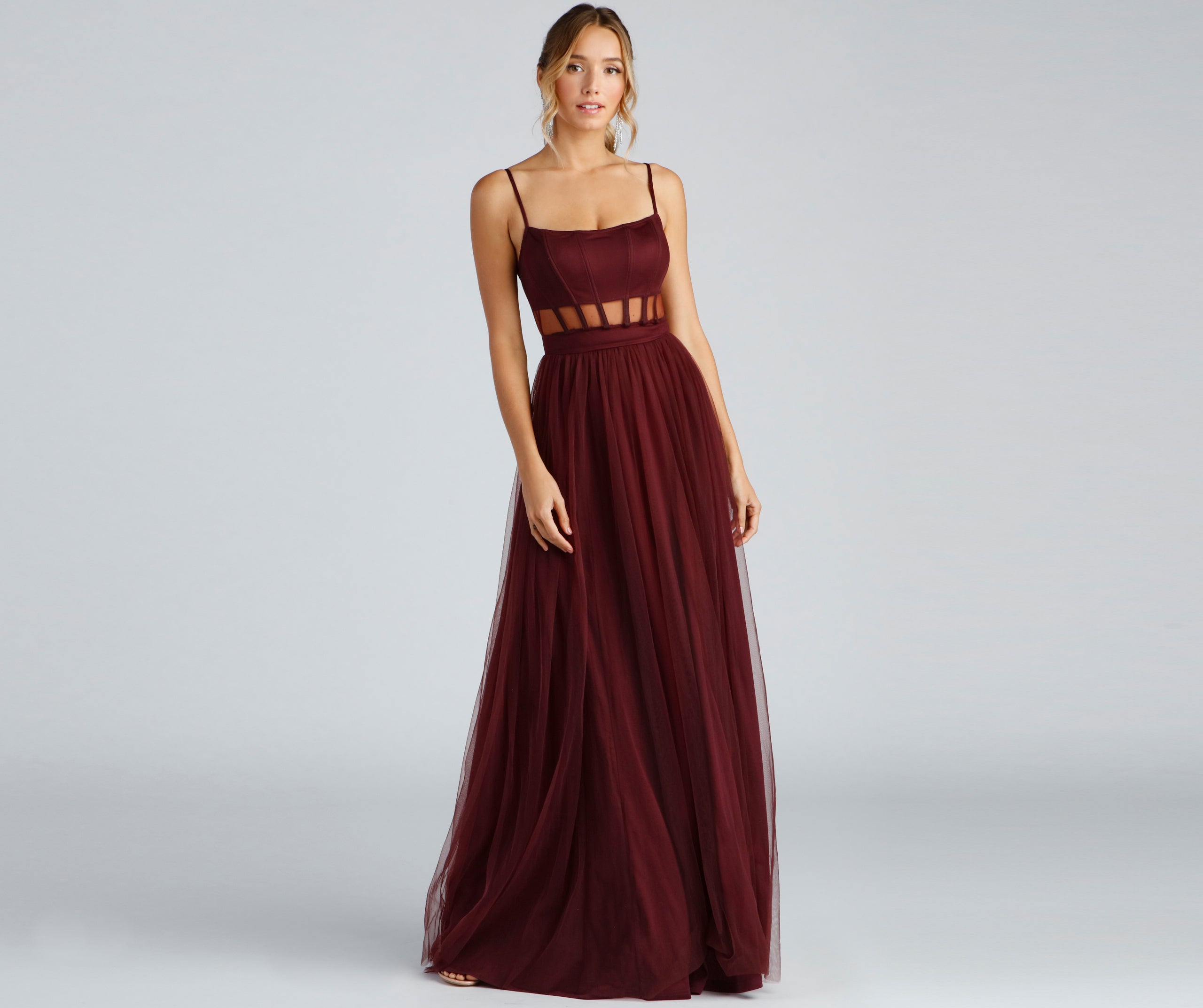 Kim Mesh Corset Tulle Formal Dress - BURGUNDY