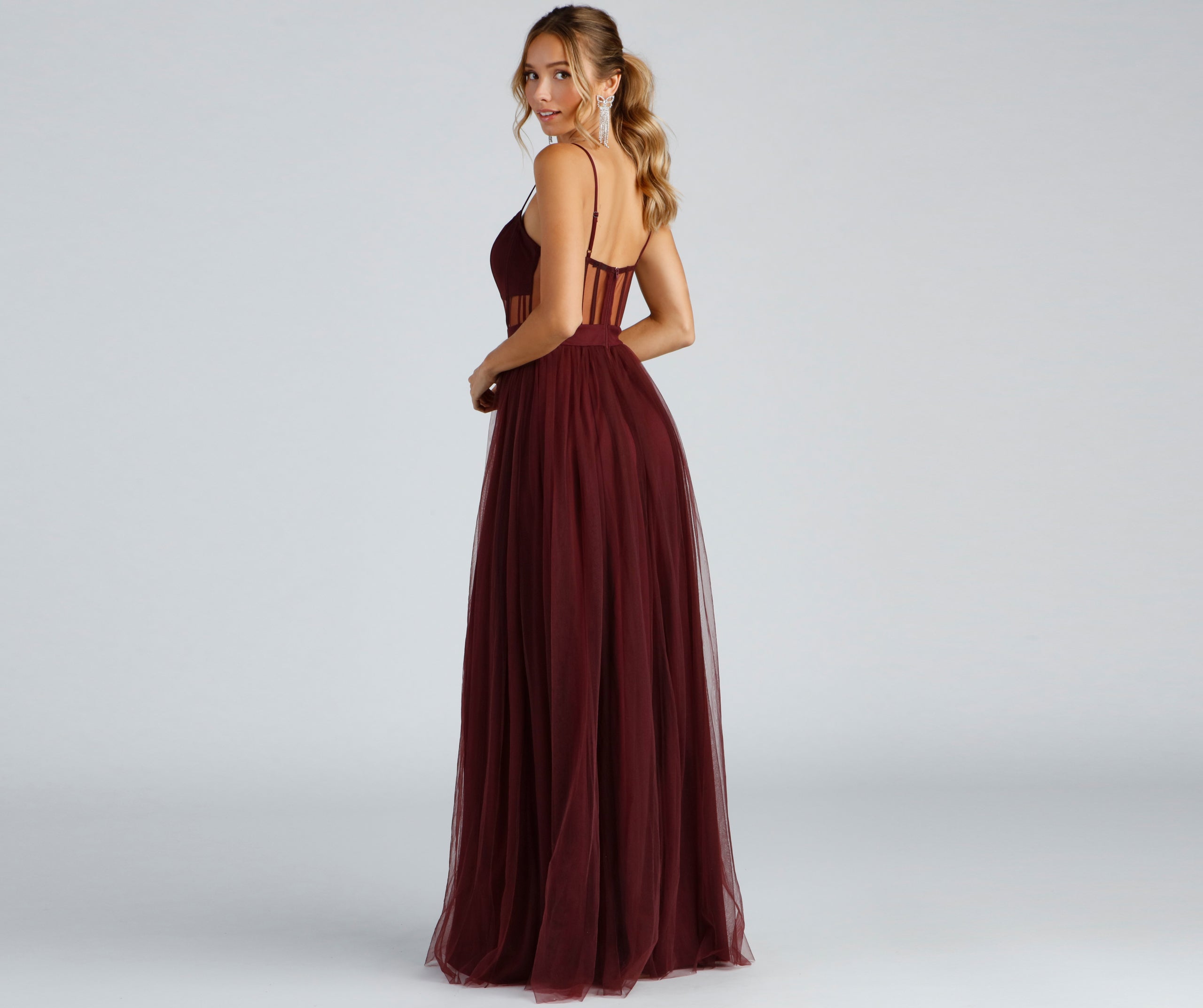 Kim Mesh Corset Tulle Formal Dress - BURGUNDY