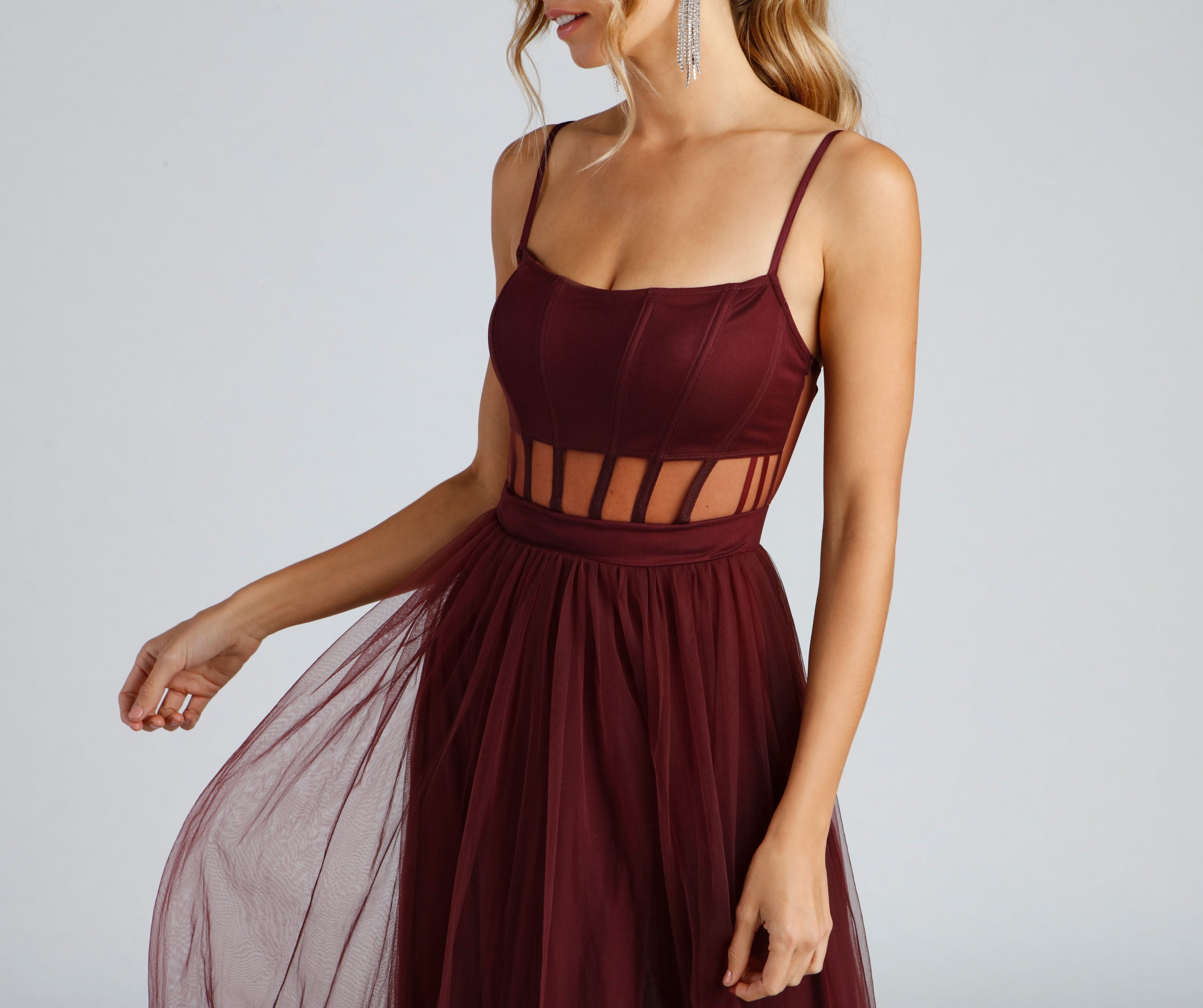 Kim Mesh Corset Tulle Formal Dress - BURGUNDY