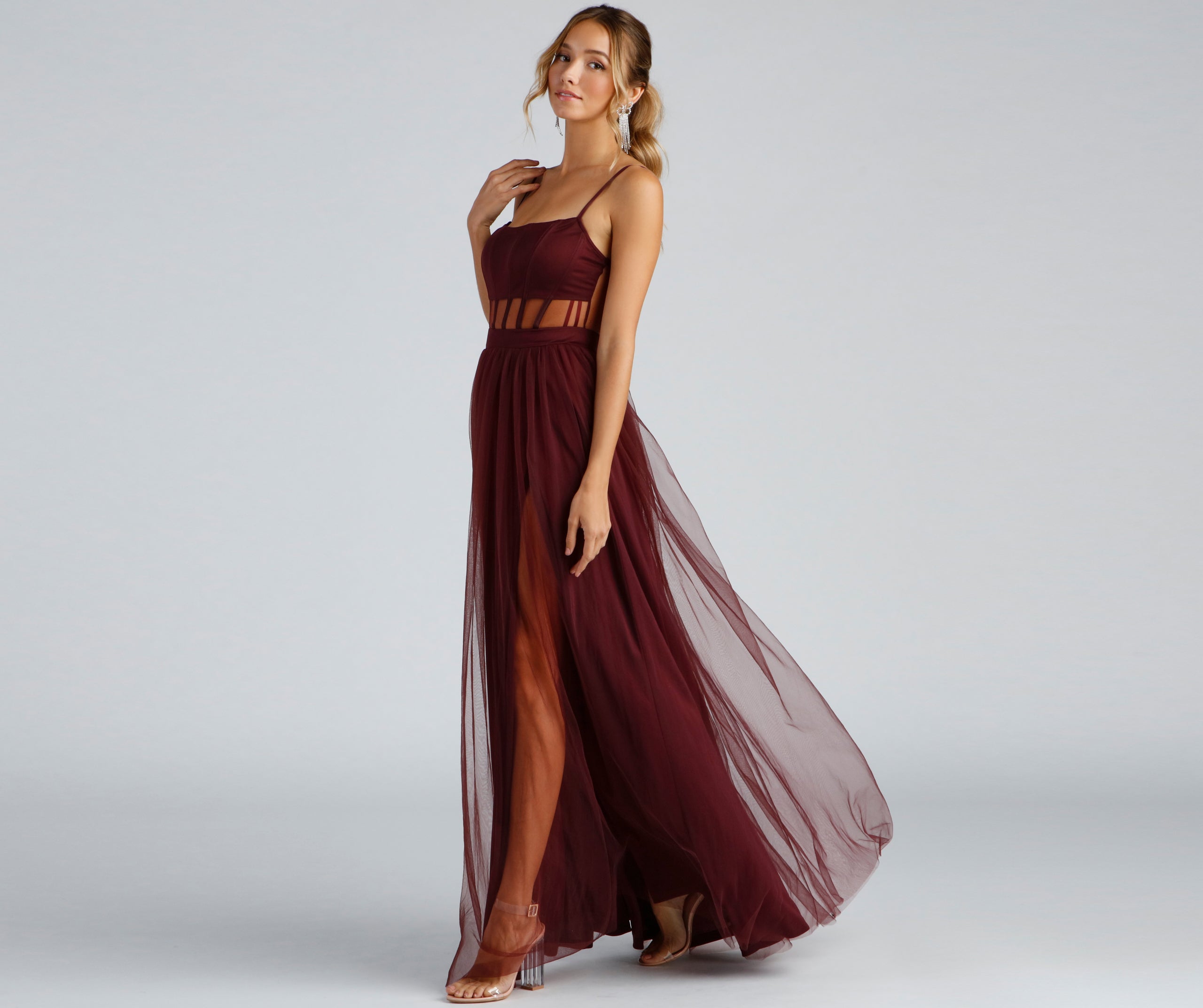 Kim Mesh Corset Tulle Formal Dress - BURGUNDY