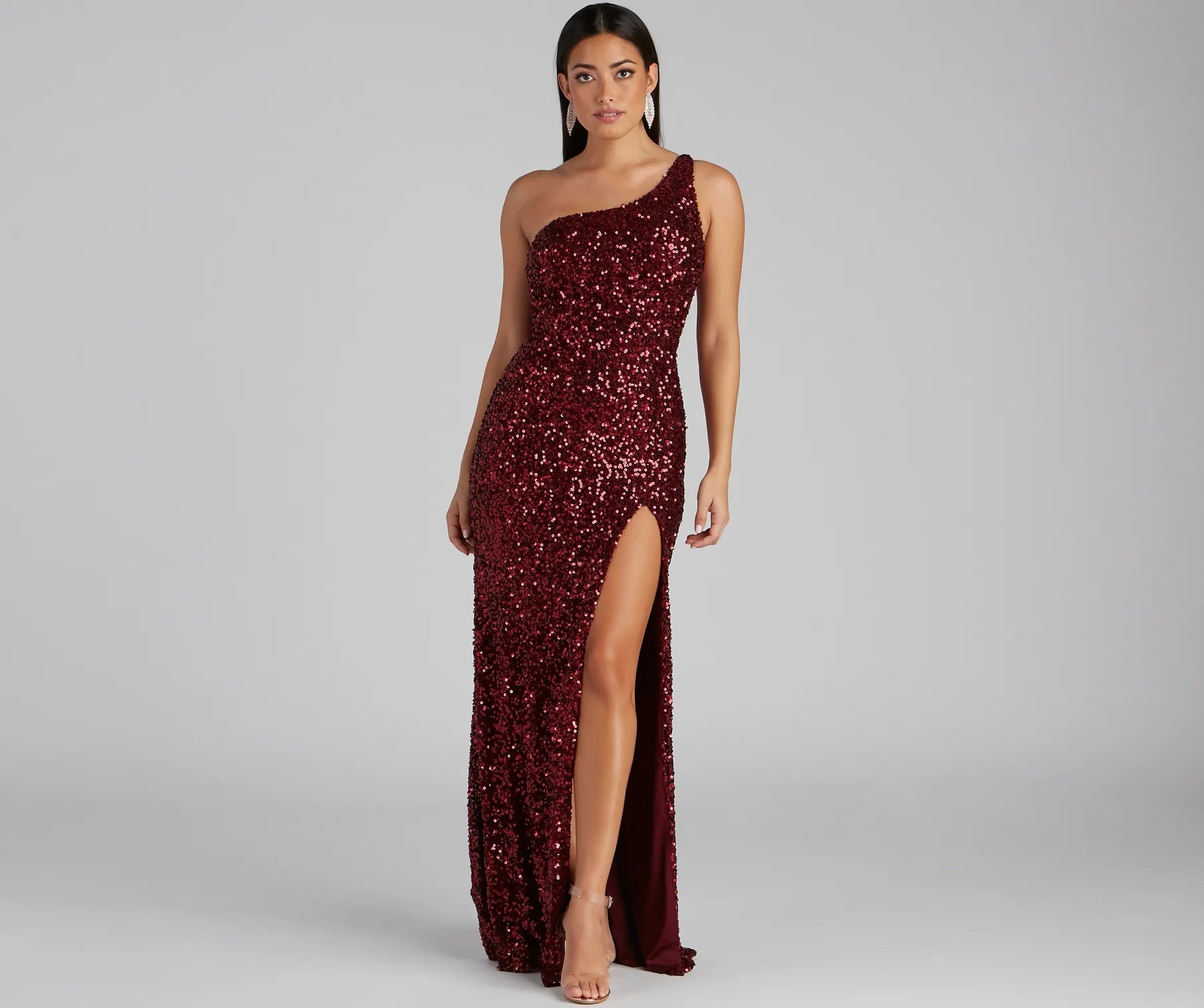 Lyla Formal One-Shoulder Sequin Dress - BURGUNDY