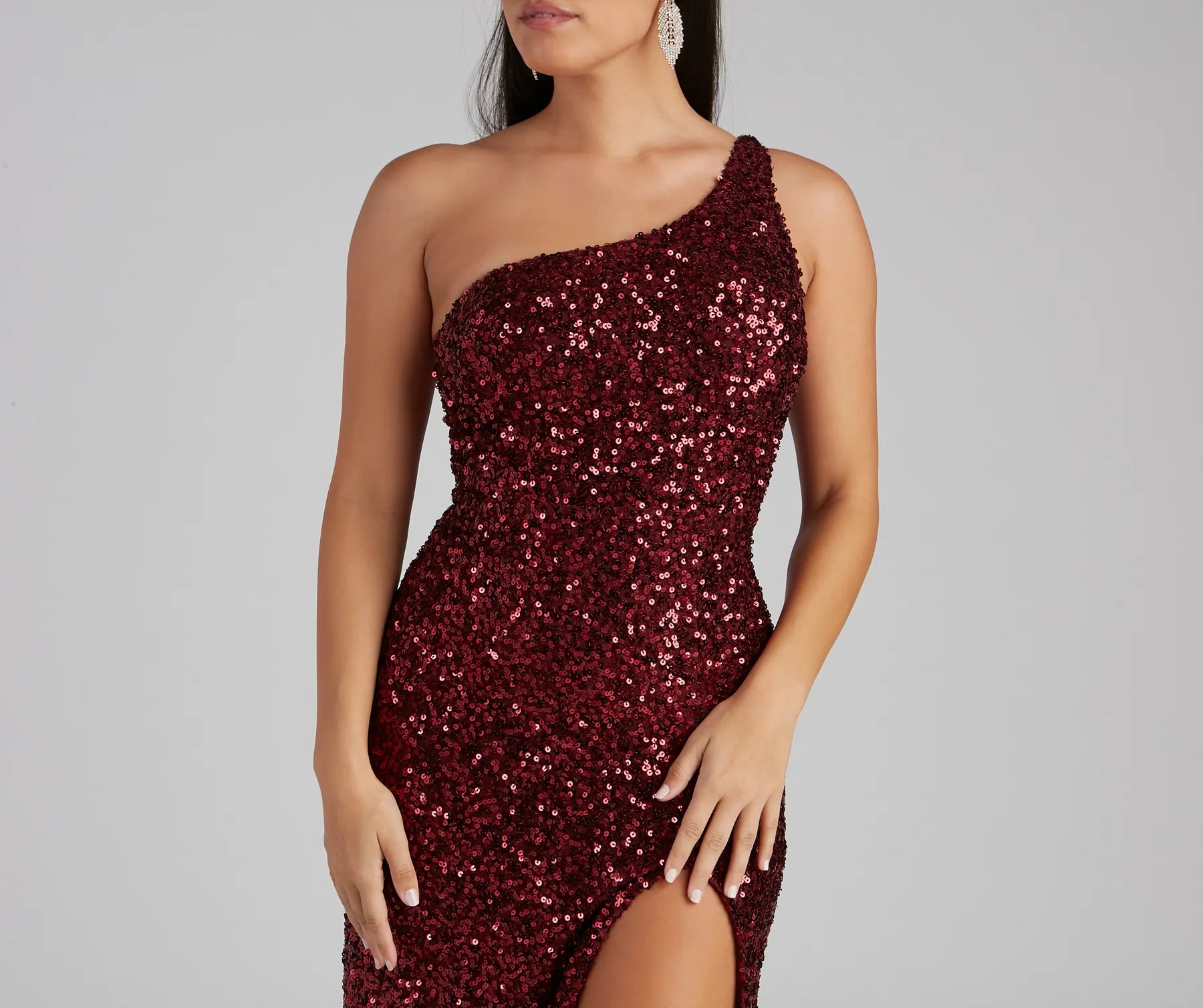 Lyla Formal One-Shoulder Sequin Dress - BURGUNDY