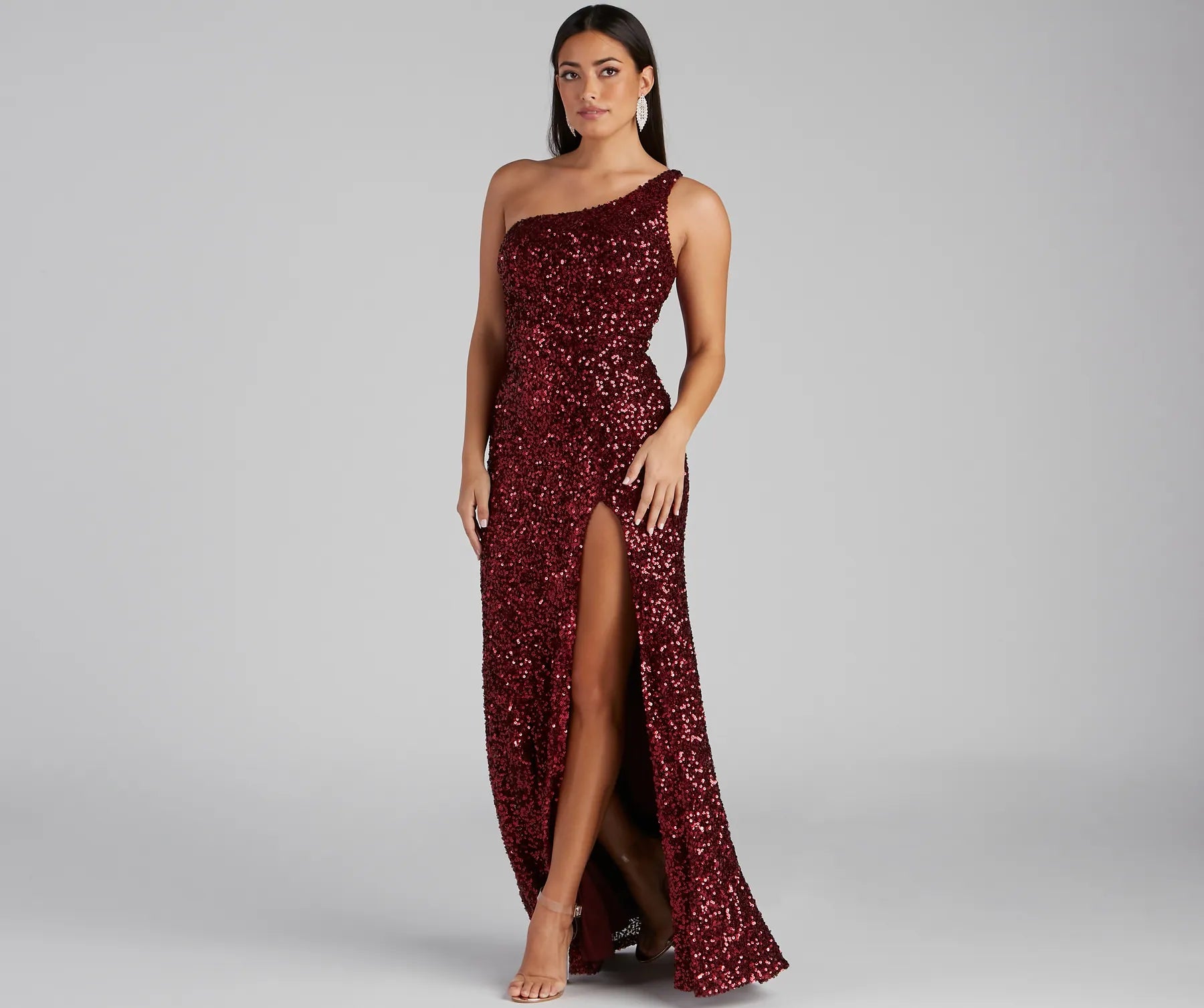 Lyla Formal One-Shoulder Sequin Dress - BURGUNDY