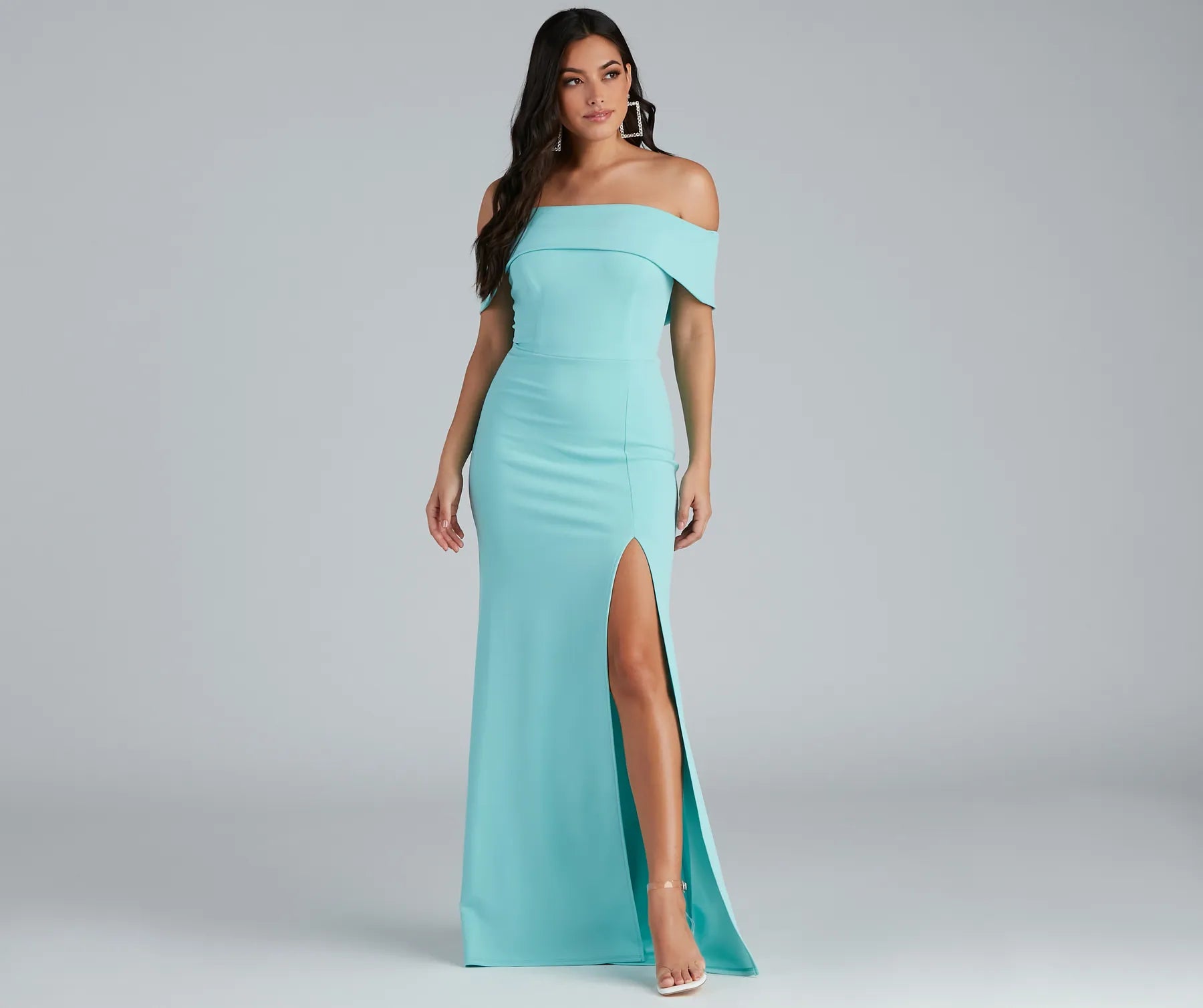 Coralie Off Shoulder Front Slit Dress - LIGHT BLUE