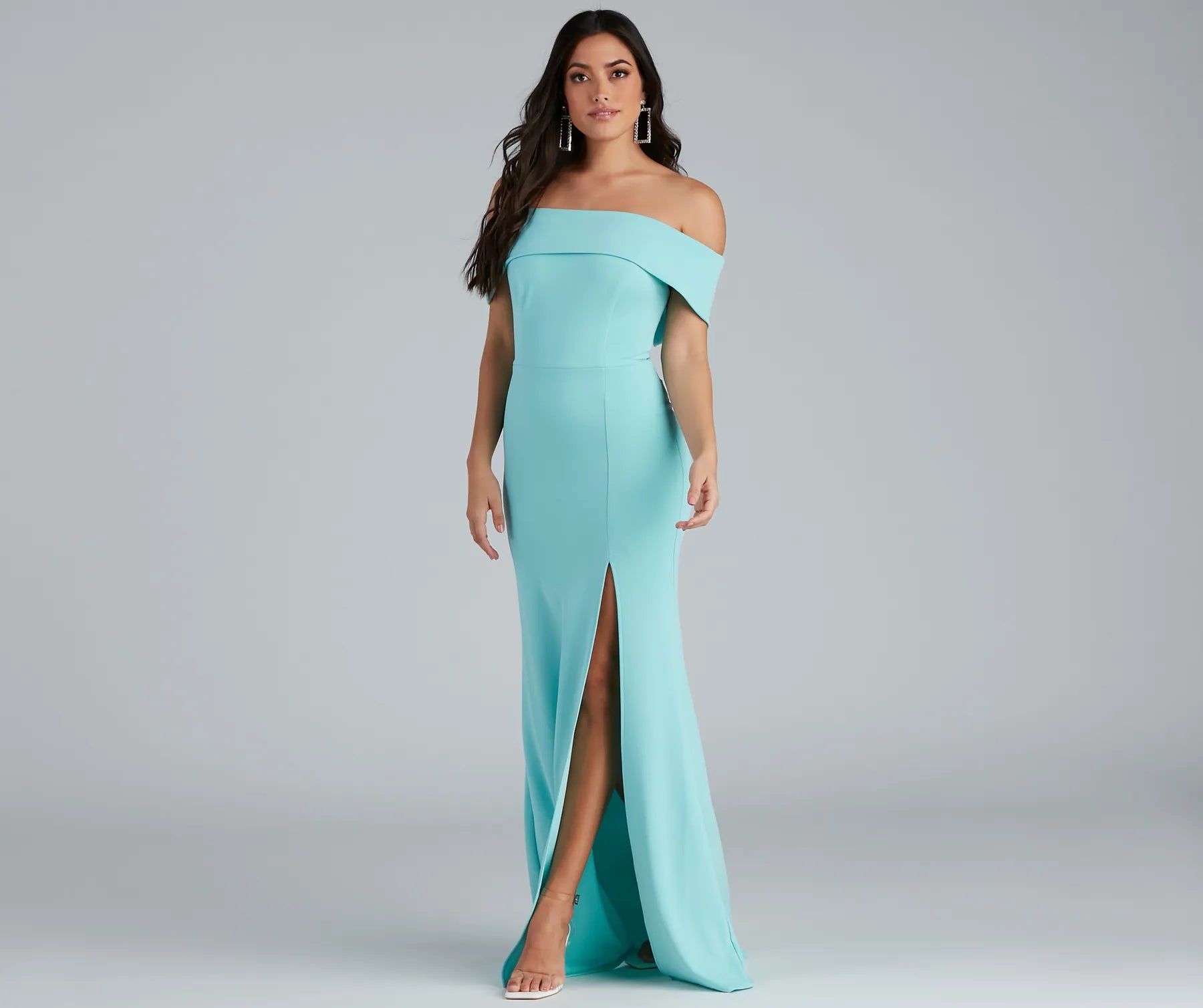 Coralie Off Shoulder Front Slit Dress - LIGHT BLUE