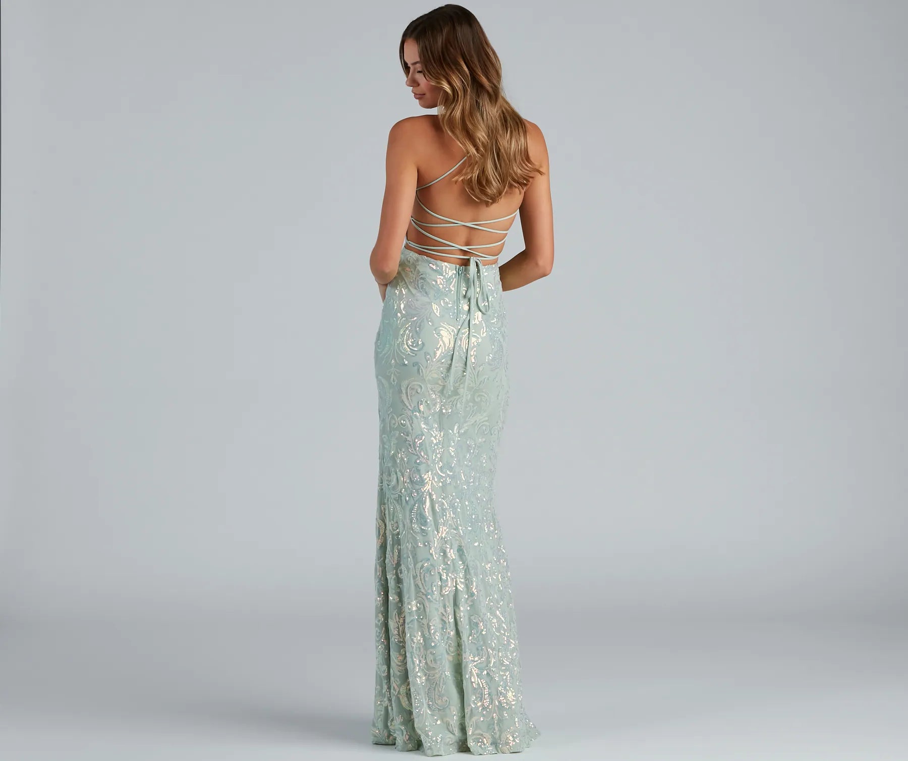 Edlyn Sequin Laceup Mermaid Formal Dress - MINT