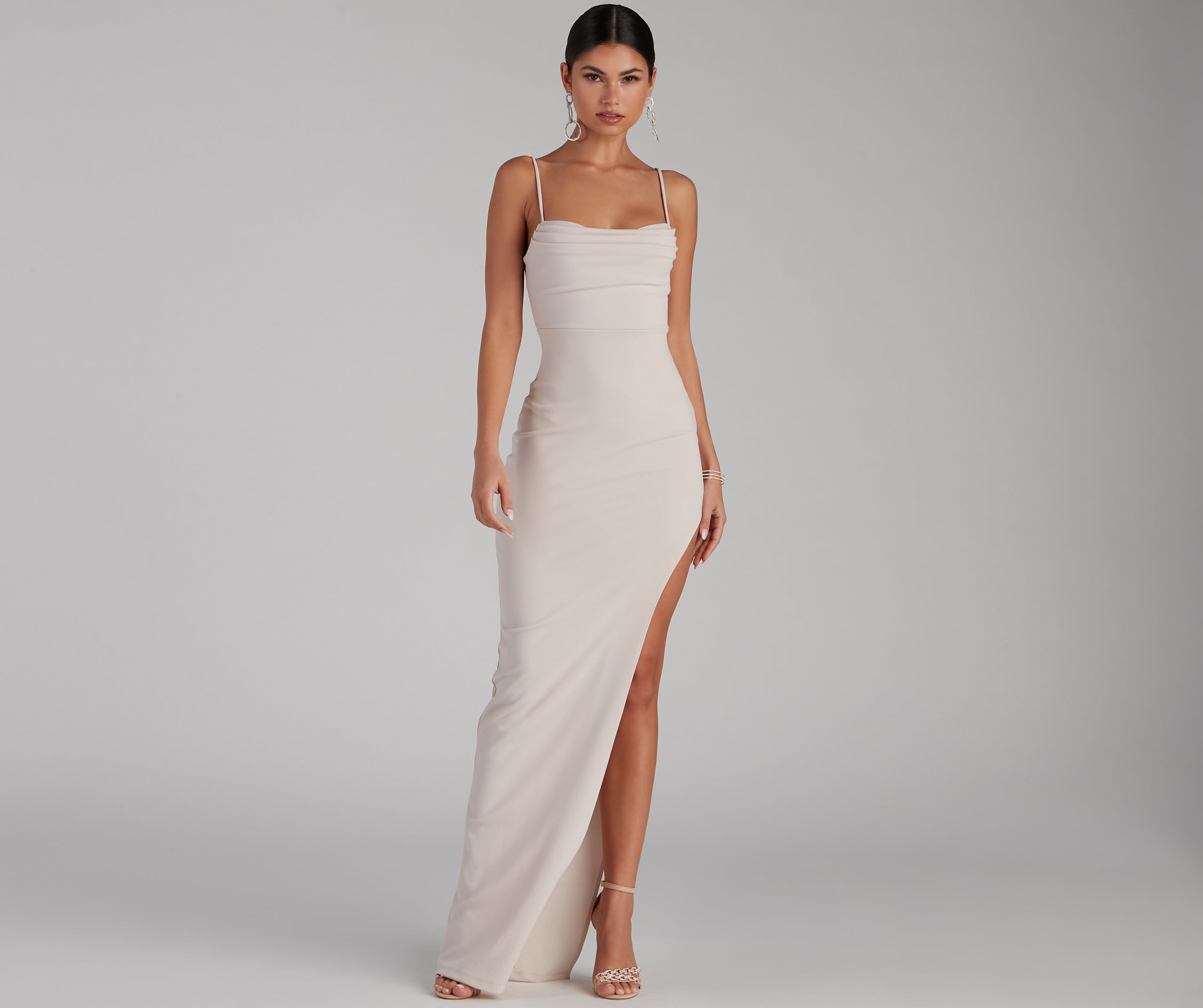 Lola High Slit Crepe Dress - BEIGE