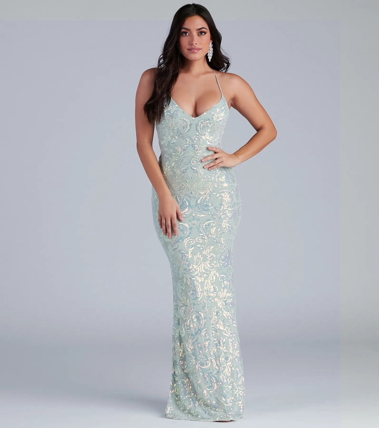 Christal Sequin Strappy Mermaid Formal Dress - MINT