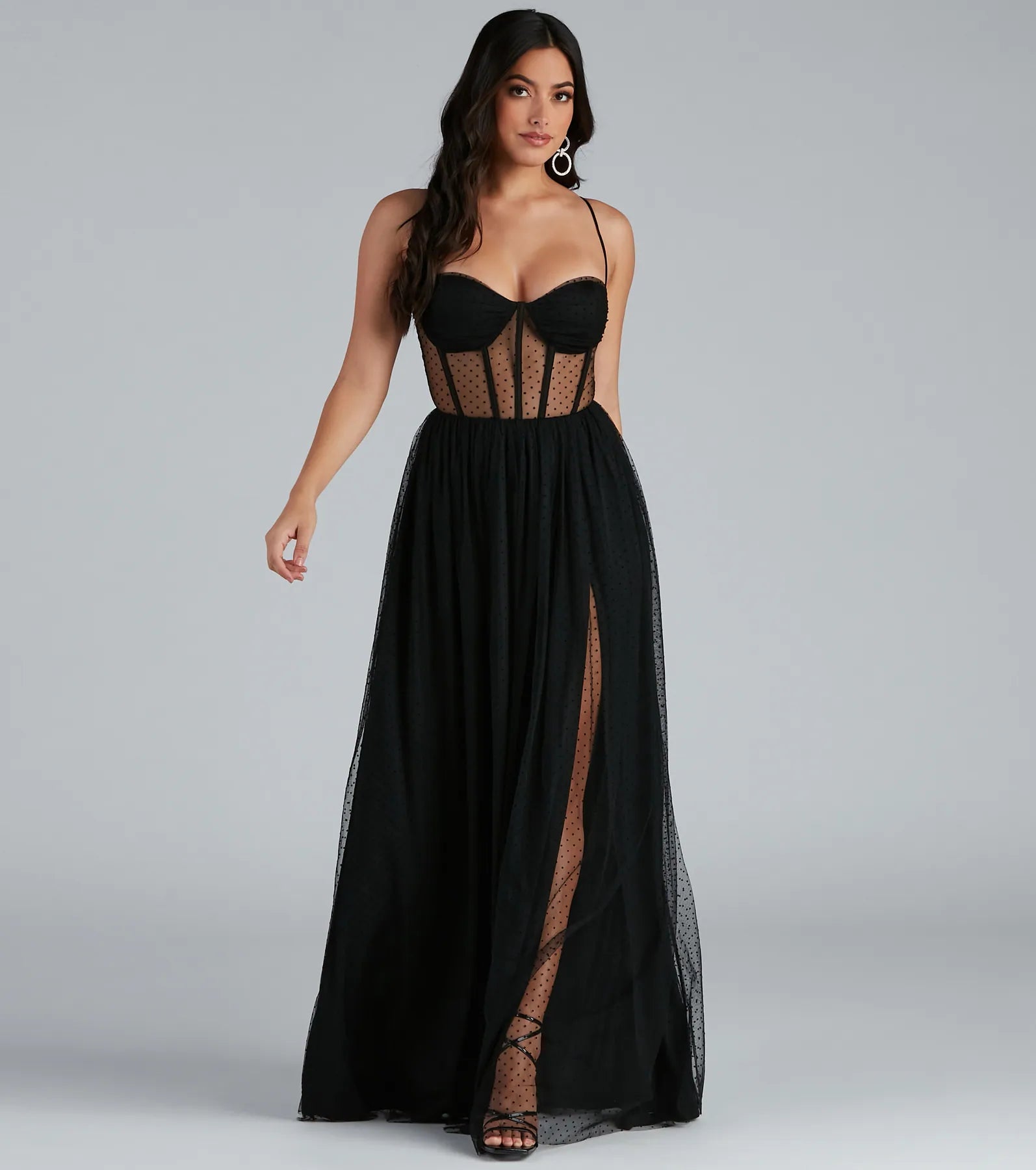 Tia Swiss Dot Corset A-Line Formal Dress - BLACK
