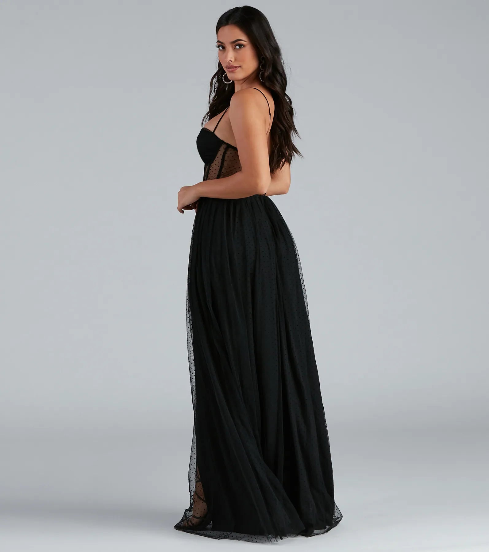 Tia Swiss Dot Corset A-Line Formal Dress - BLACK