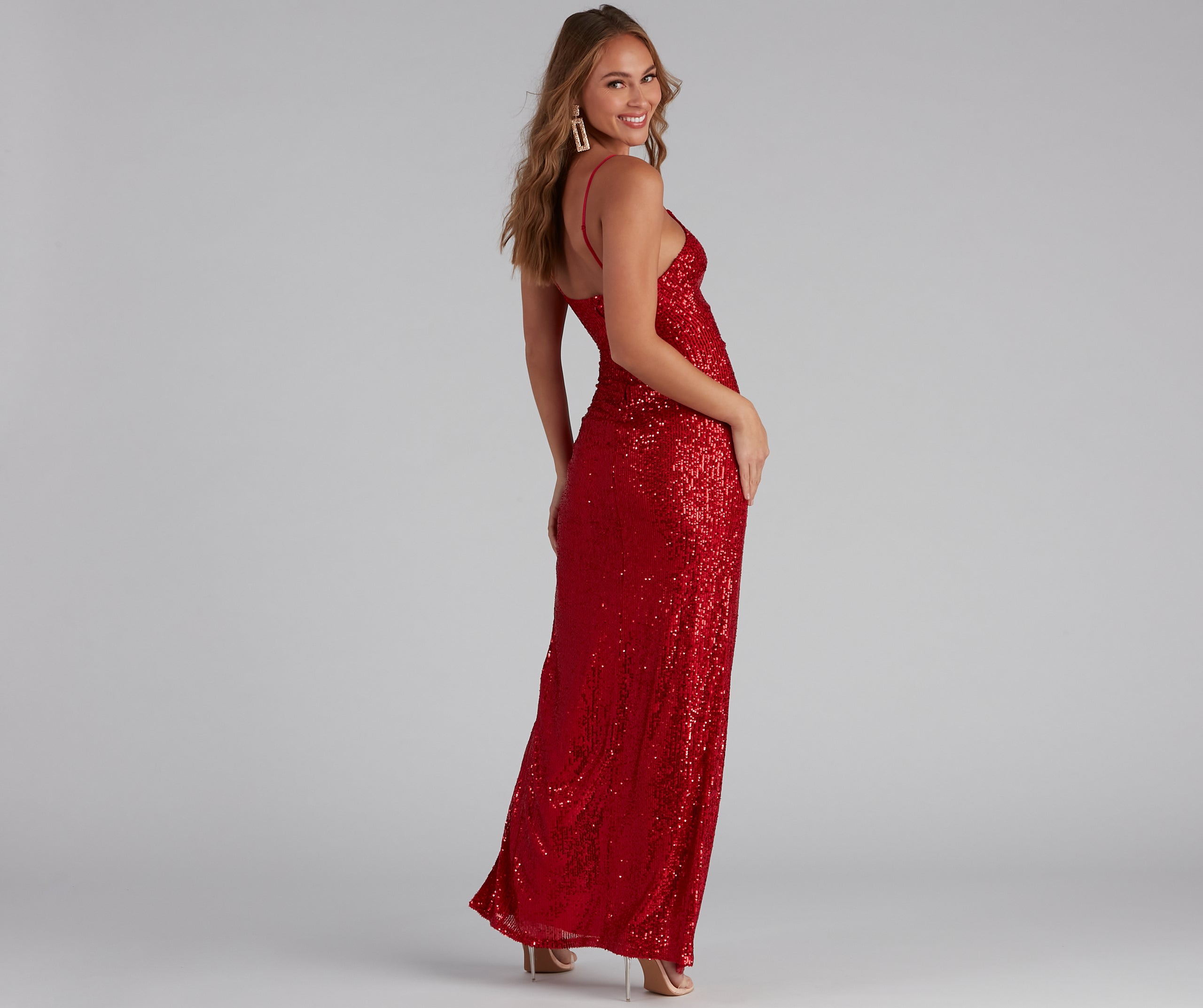 Jewel Formal High Slit Sequin Dress - RED