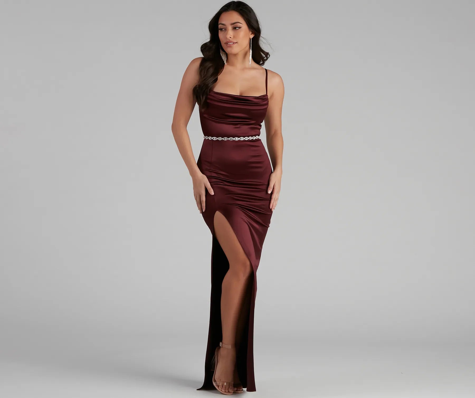 Lala High Slit Satin Formal Dress - MAROON