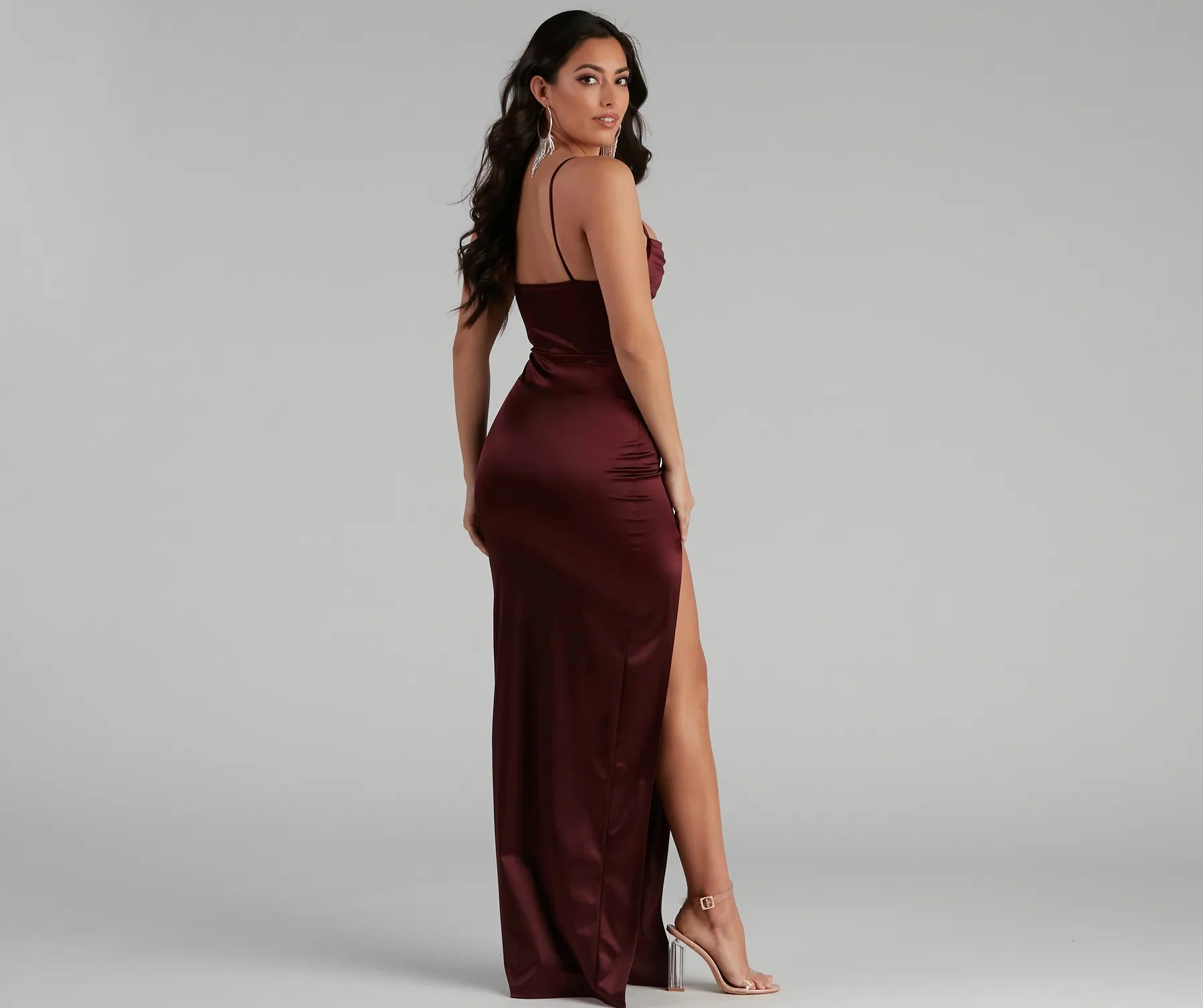 Lala High Slit Satin Formal Dress - MAROON