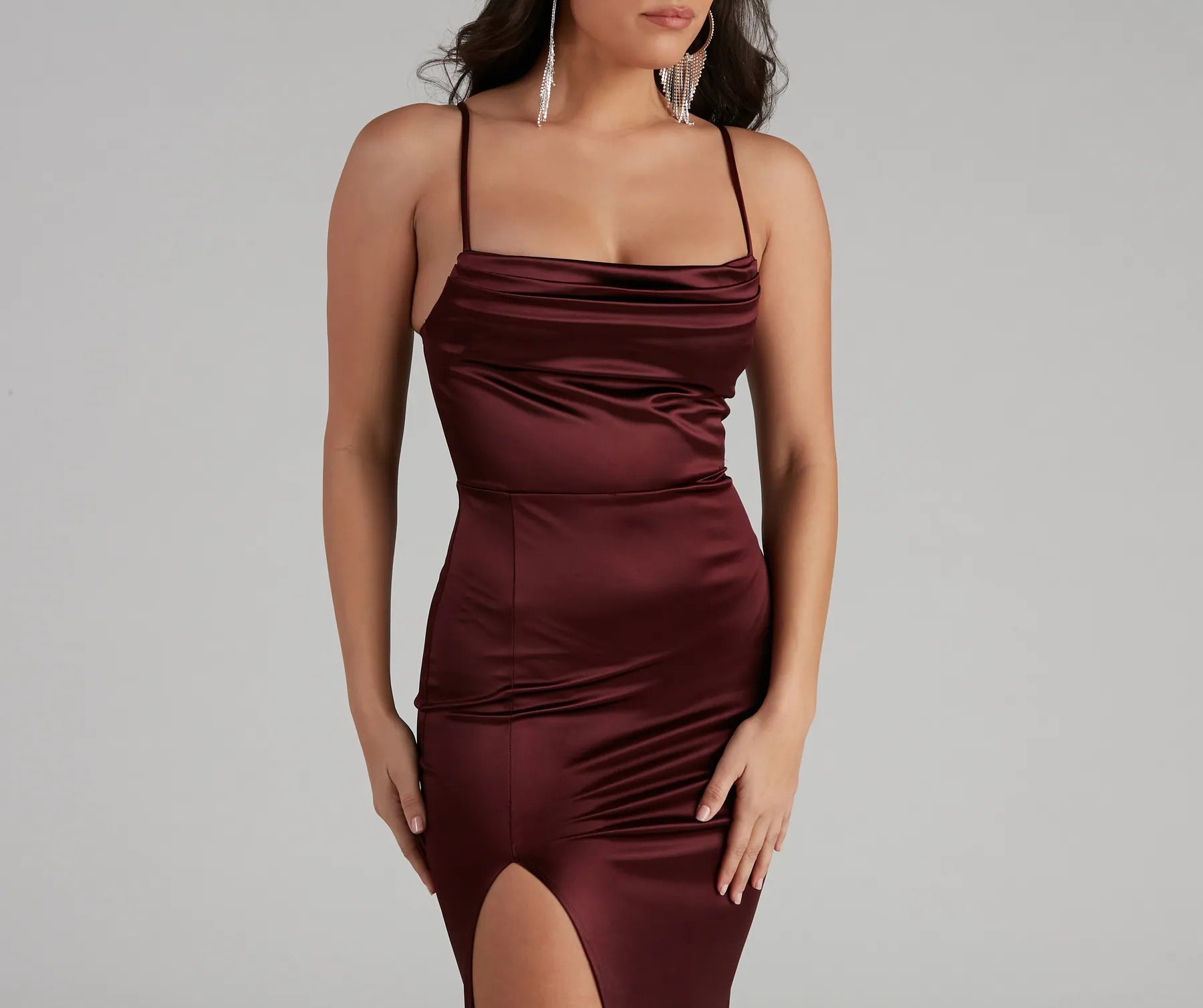 Lala High Slit Satin Formal Dress - MAROON