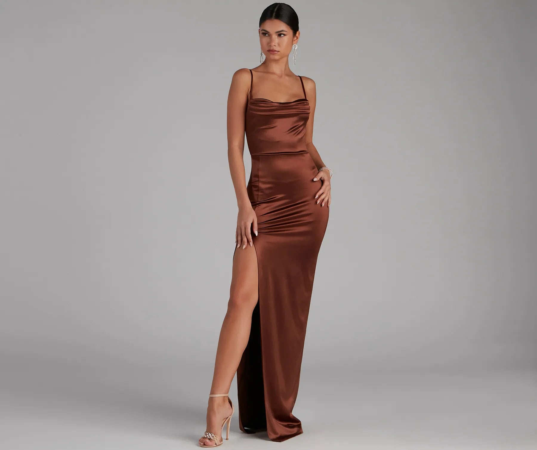 Lala High Slit Satin Formal Dress - BROWN