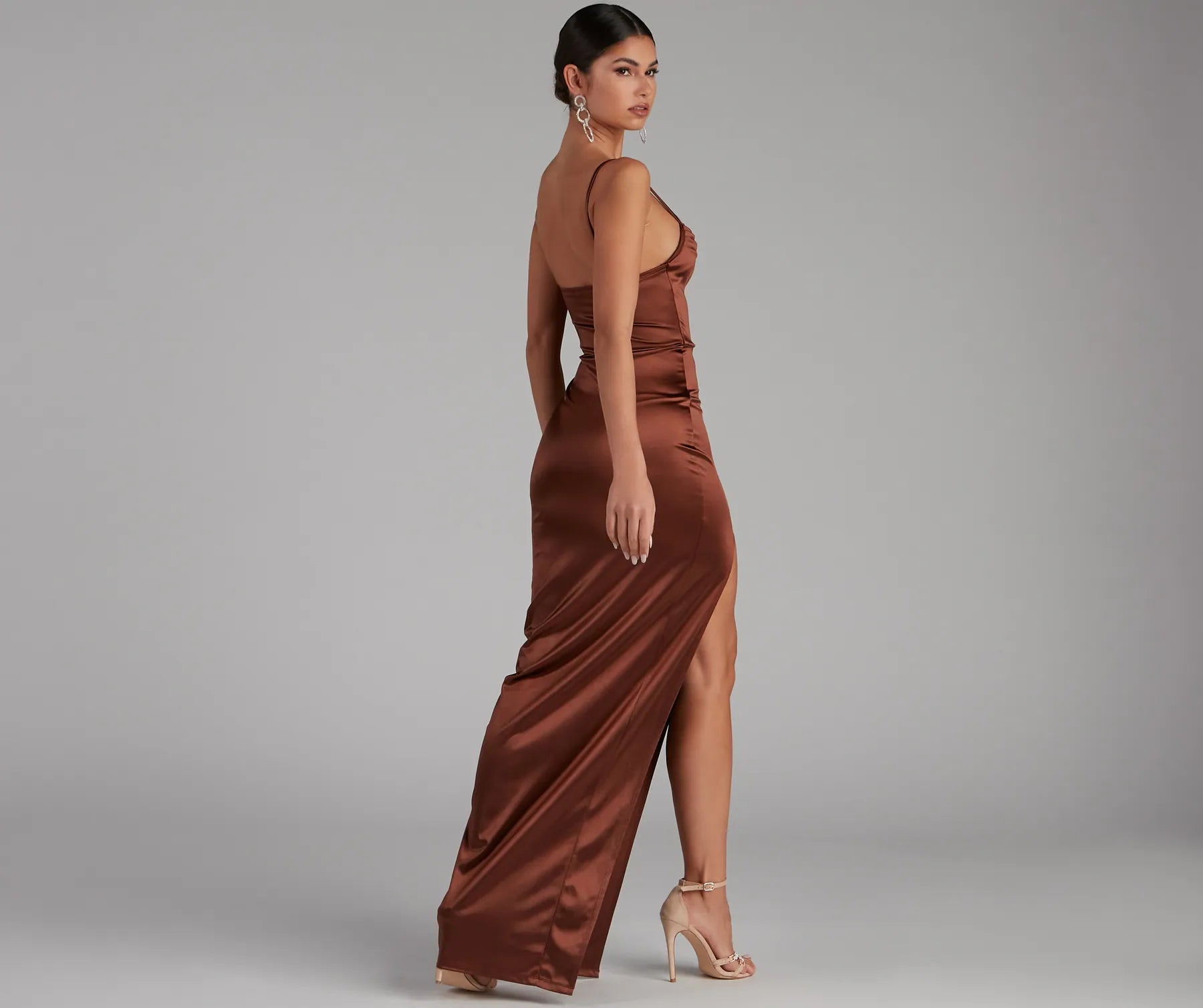 Lala High Slit Satin Formal Dress - BROWN