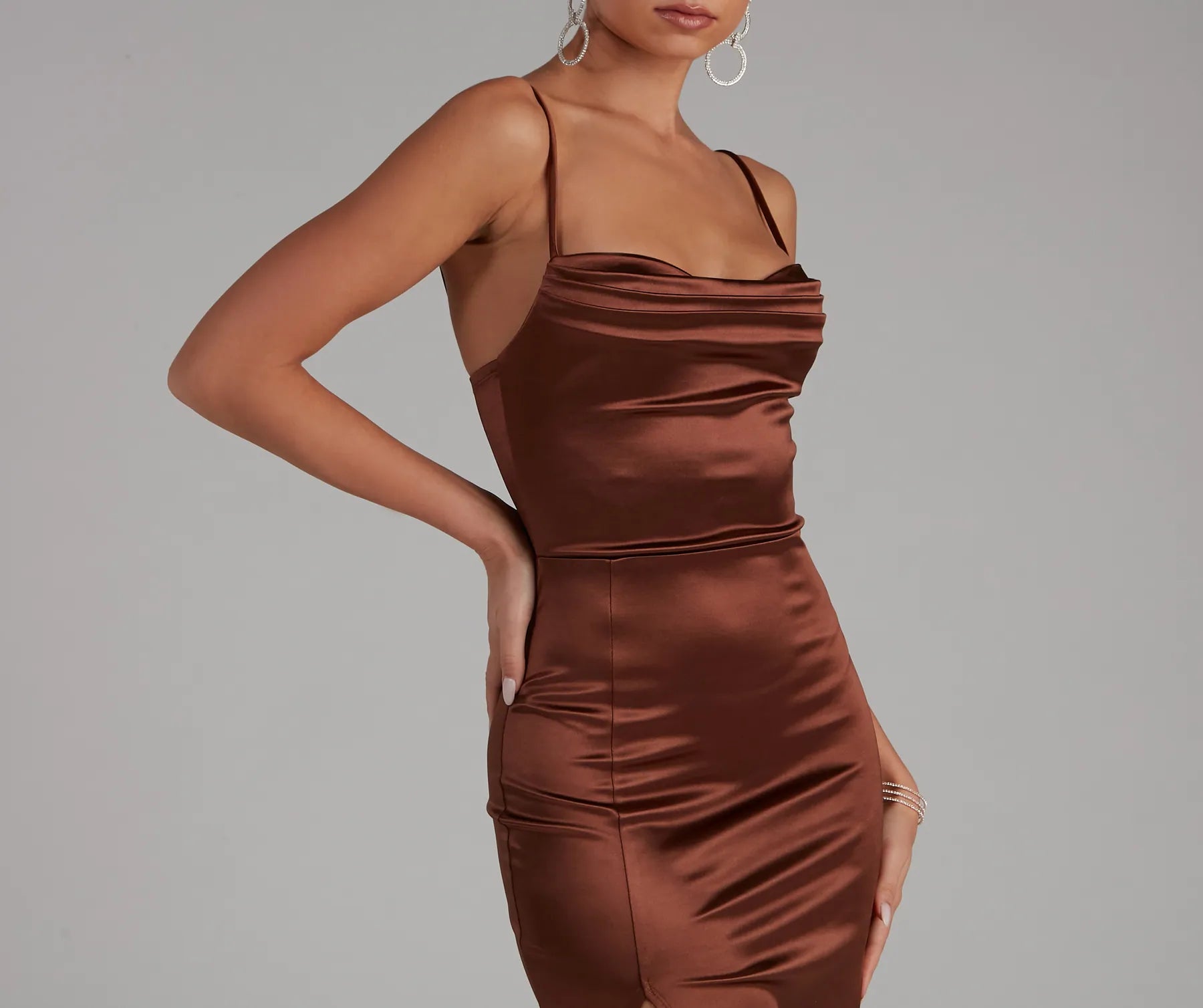 Lala High Slit Satin Formal Dress - BROWN