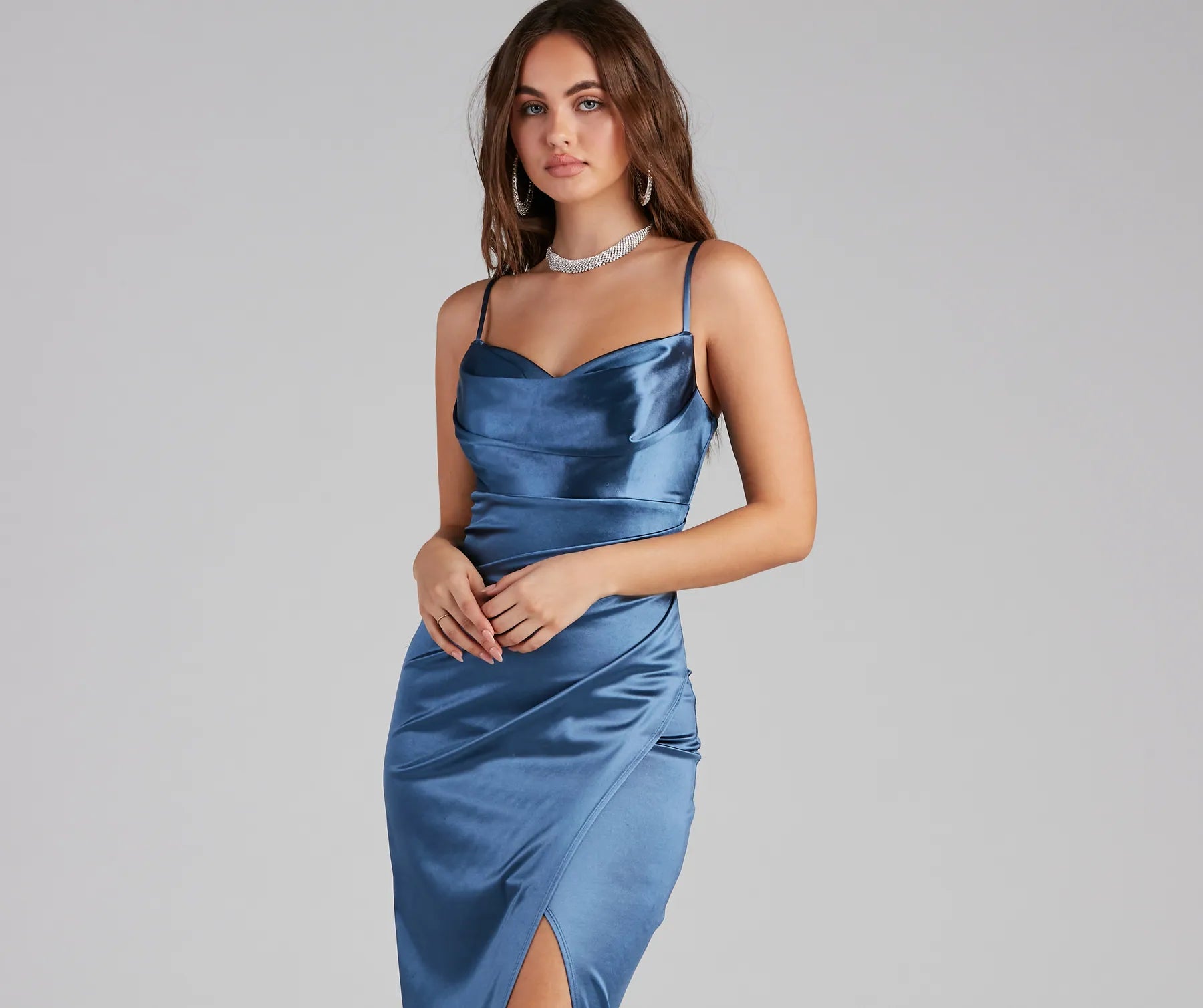Annabelle Knit Satin Formal Dress - DENIM