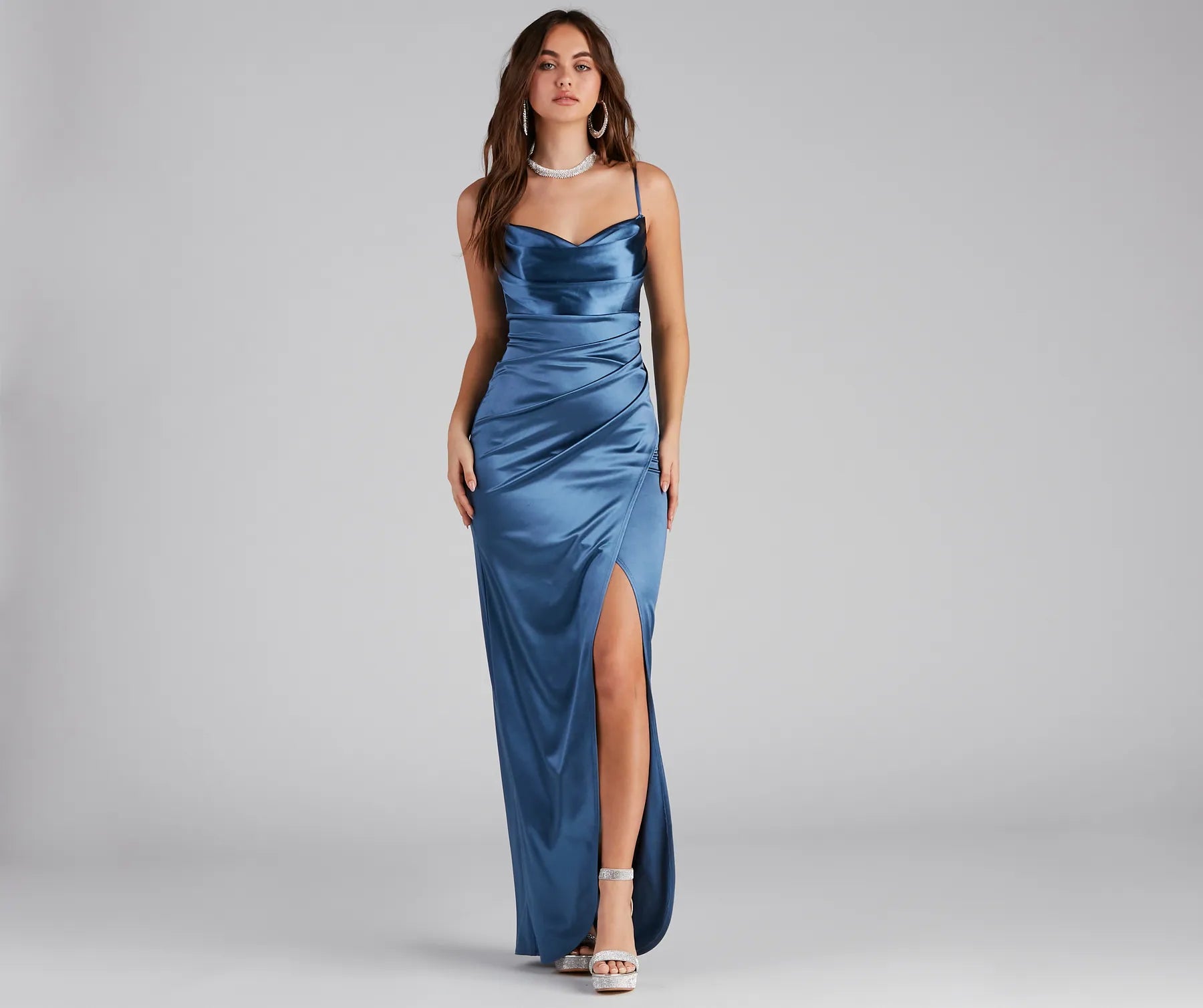 Annabelle Knit Satin Formal Dress - DENIM
