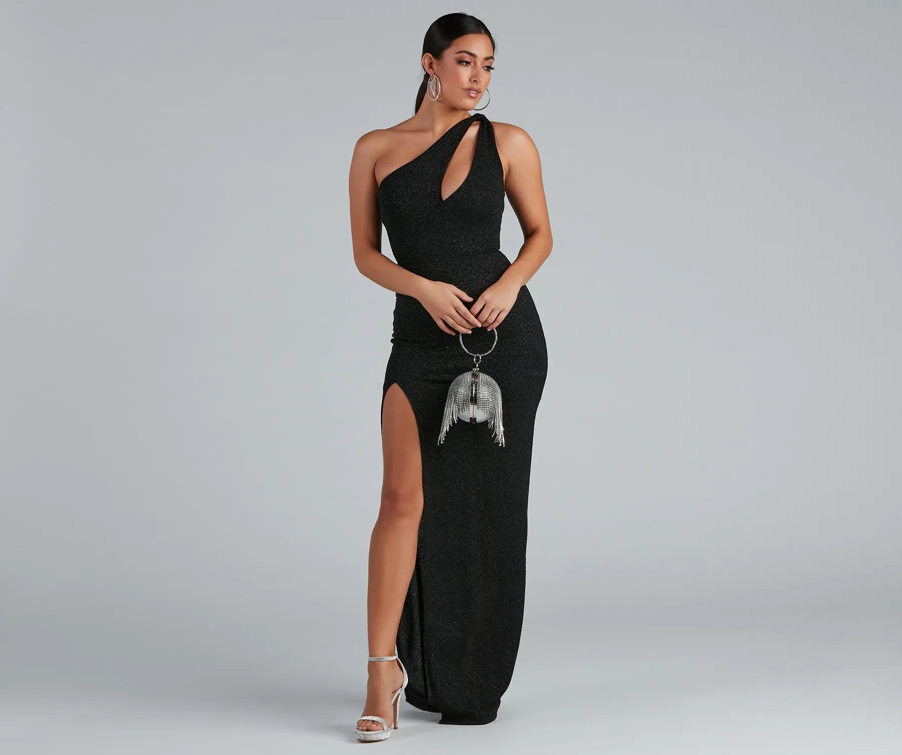 Evette Glitter One-Shoulder Slit Formal Dress - BLACK