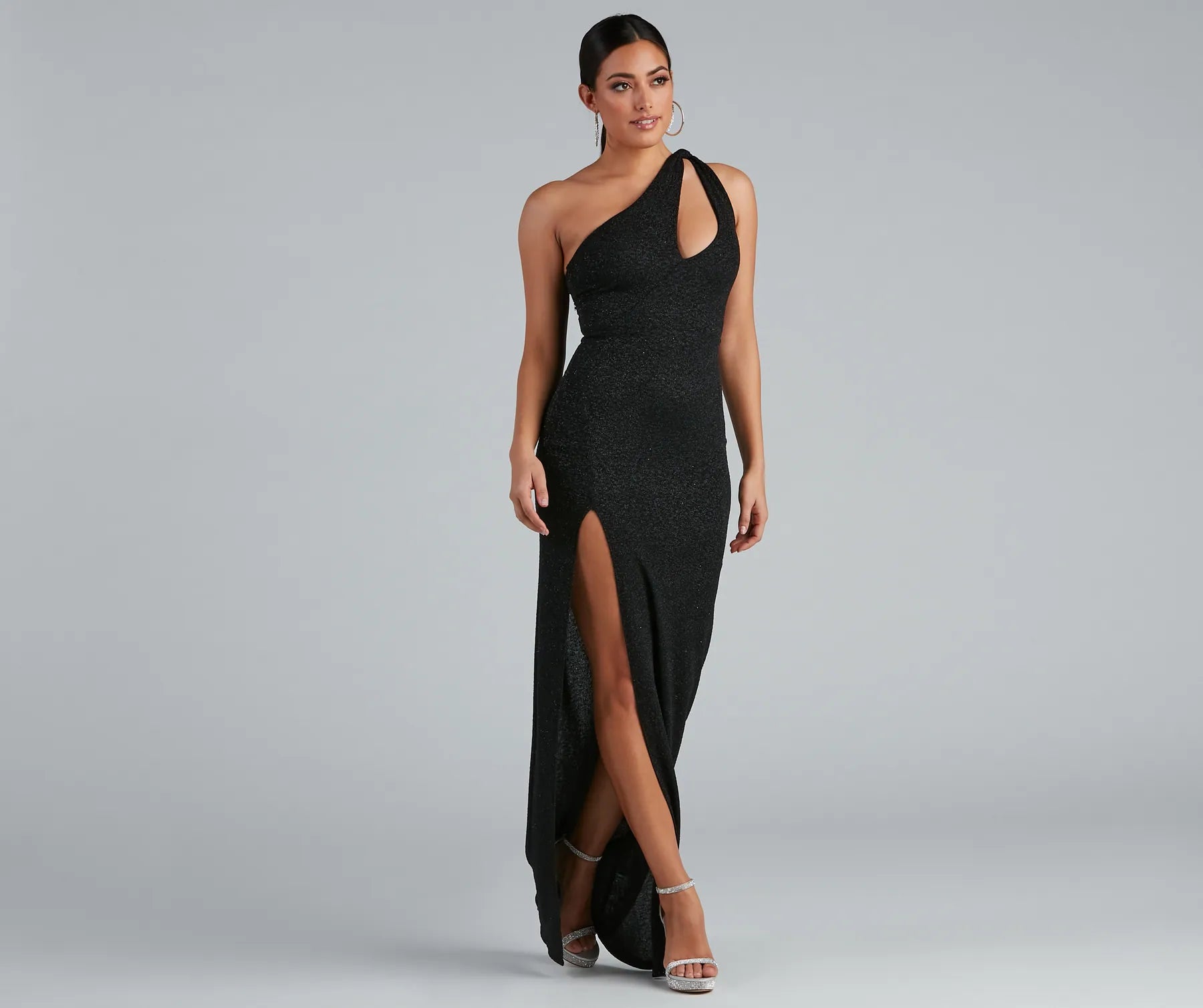 Evette Glitter One-Shoulder Slit Formal Dress - BLACK