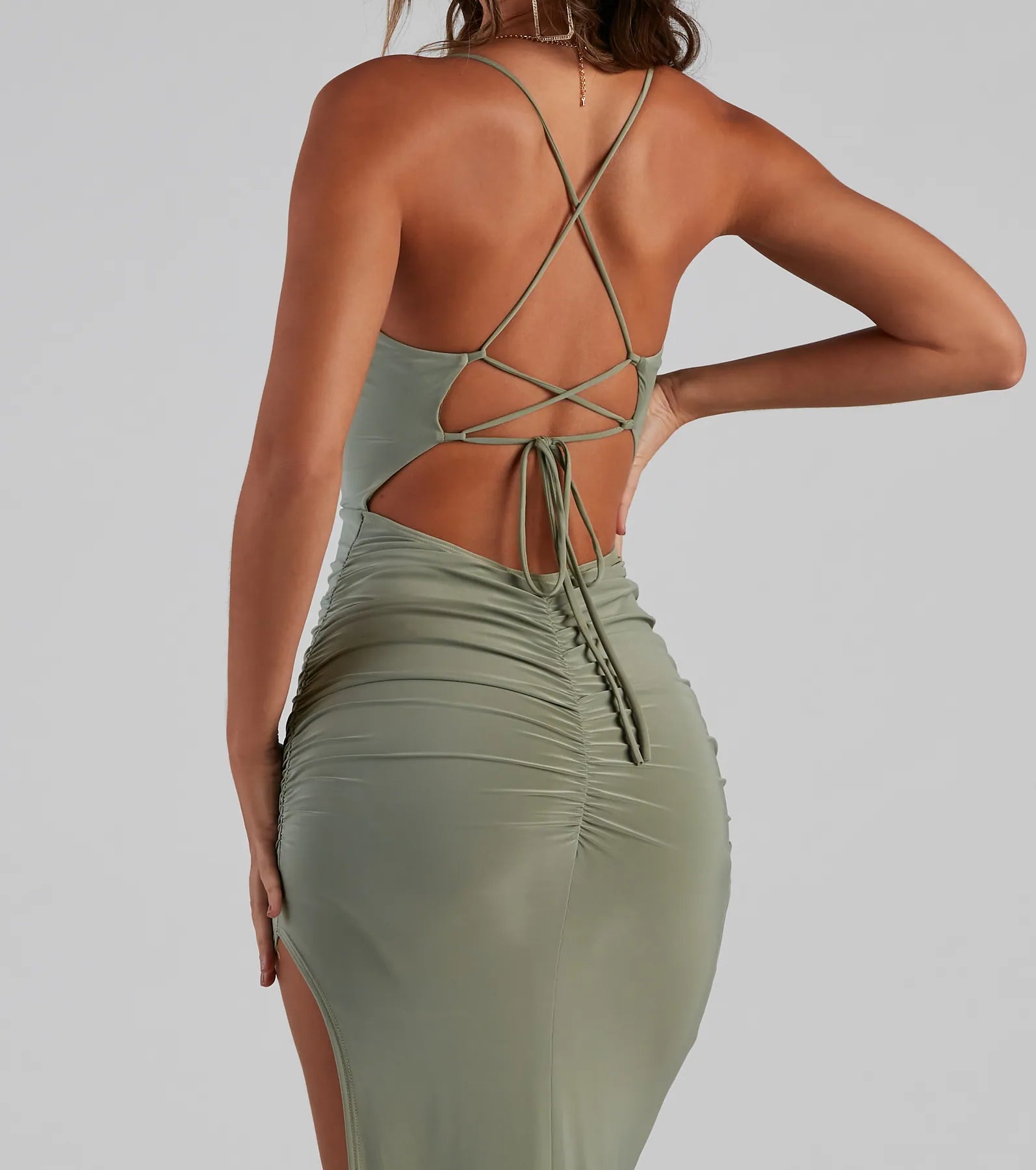 Heather Ruched High-Slit Formal Dress - SAGE