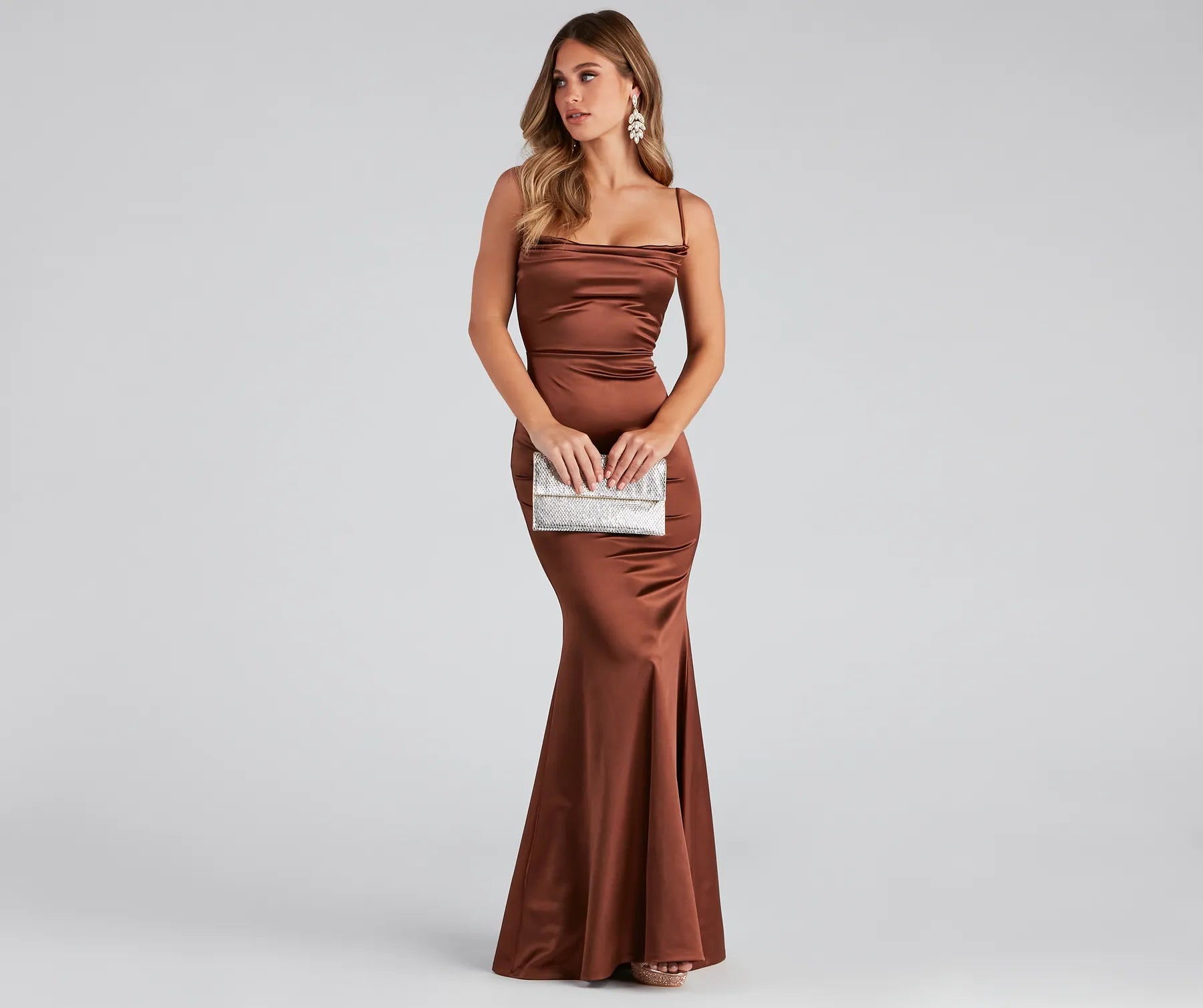 Nahla Formal Satin Mermaid Dress - BROWN