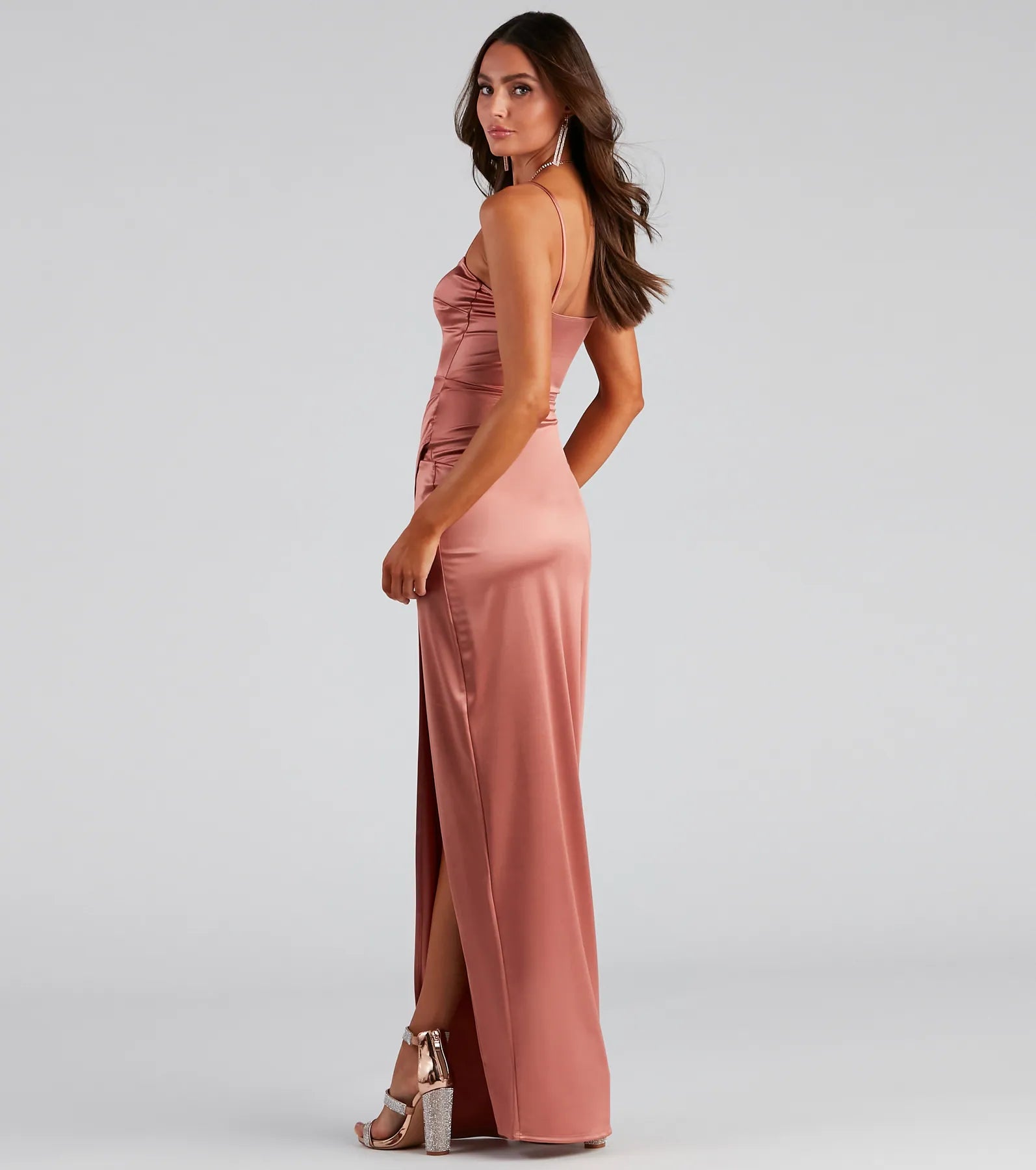 Mayra Formal Satin Slit Long Dress - ROSE GOLD