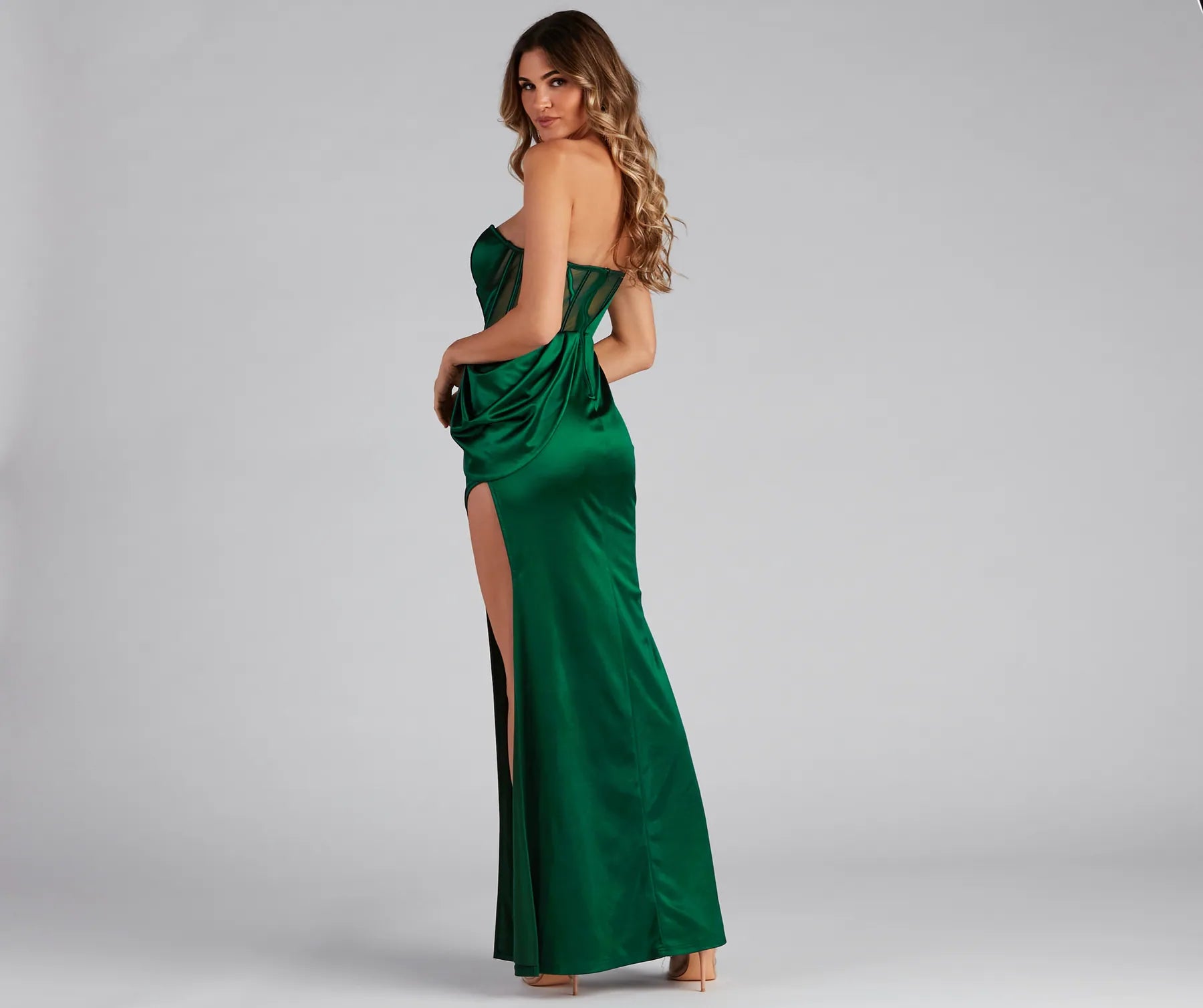 Lo Formal One-Shoulder Satin Corset Dress - HUNTER