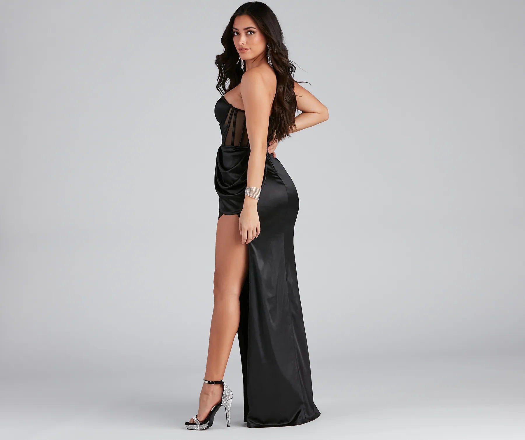 Lo Formal One-Shoulder Satin Corset Dress - BLACK