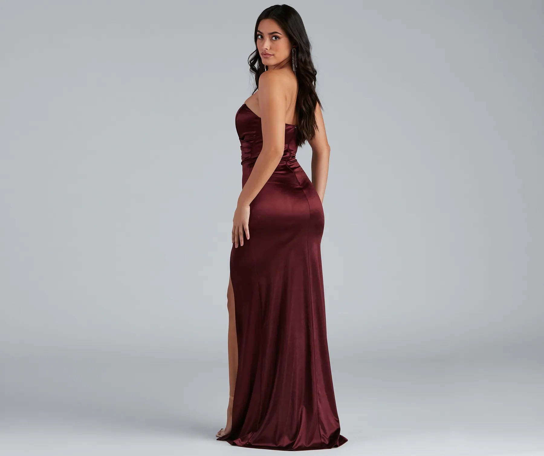 Gianna Strapless High-Slit Satin Dress - MAROON