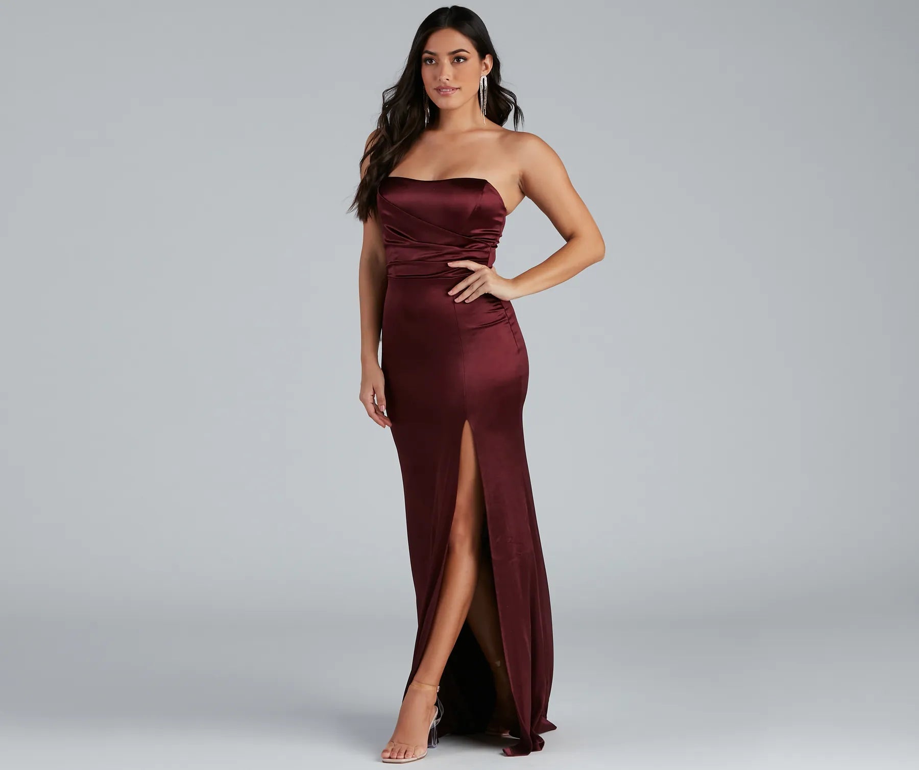 Gianna Strapless High-Slit Satin Dress - MAROON