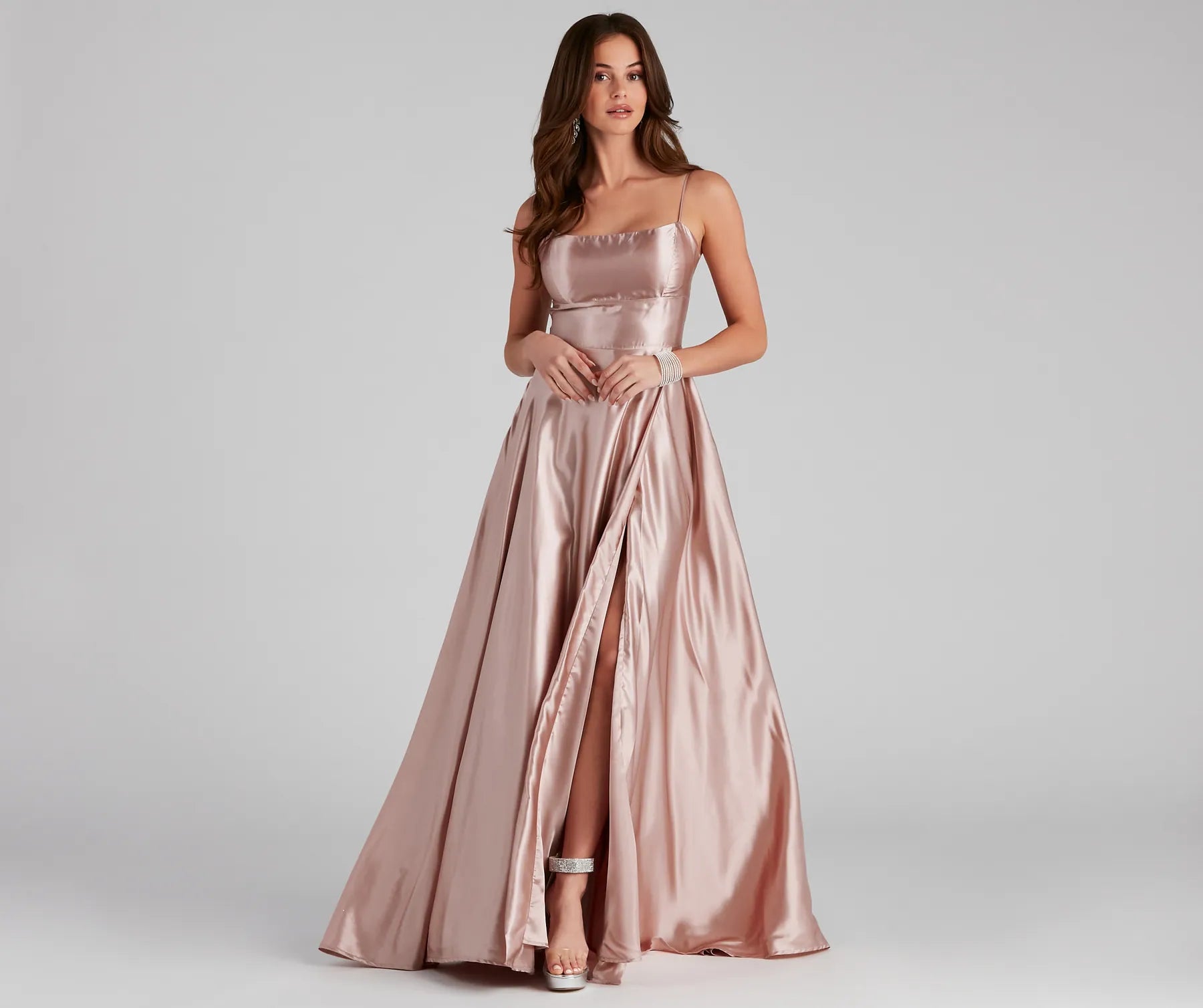 Lorella Satin Empire Lace Back Formal Dress - MAUVE