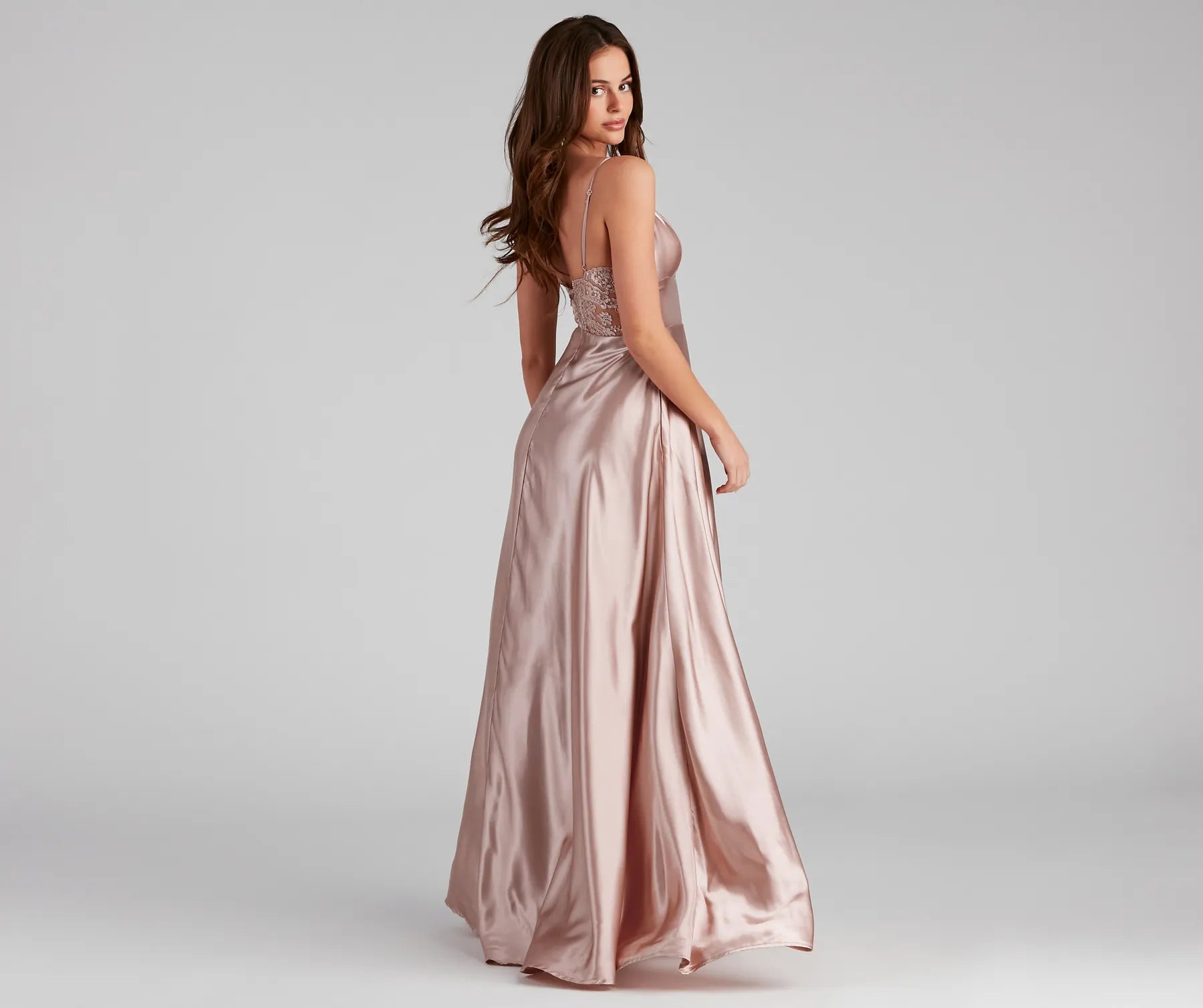 Lorella Satin Empire Lace Back Formal Dress - MAUVE