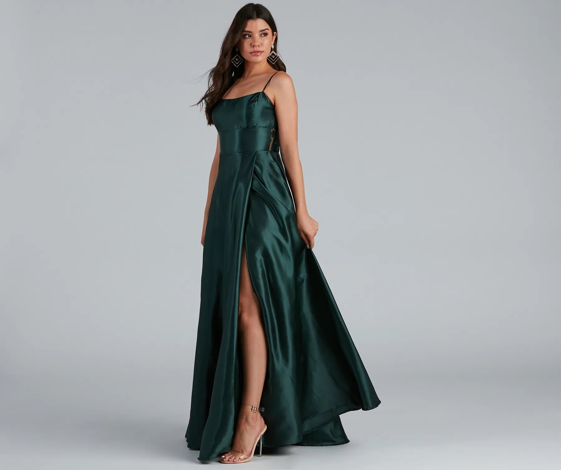 Lorella Satin Empire Lace Back Formal Dress - EMERALD