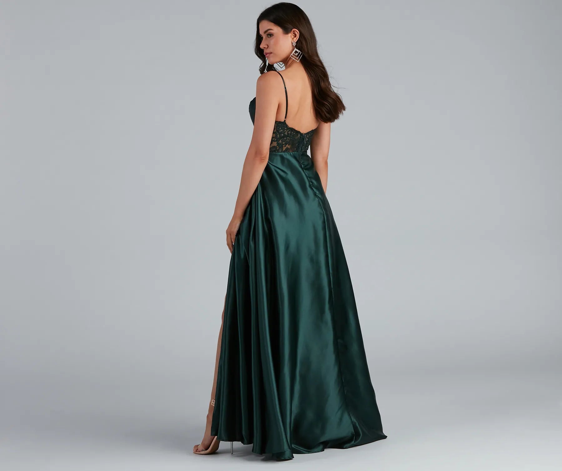 Lorella Satin Empire Lace Back Formal Dress - EMERALD