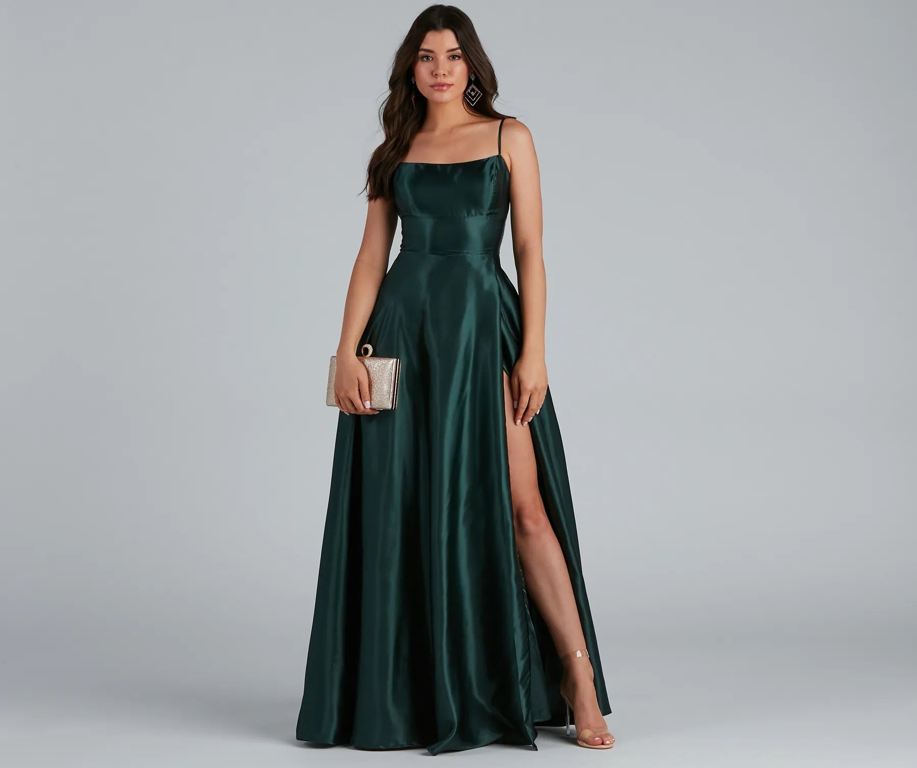 Lorella Satin Empire Lace Back Formal Dress - EMERALD