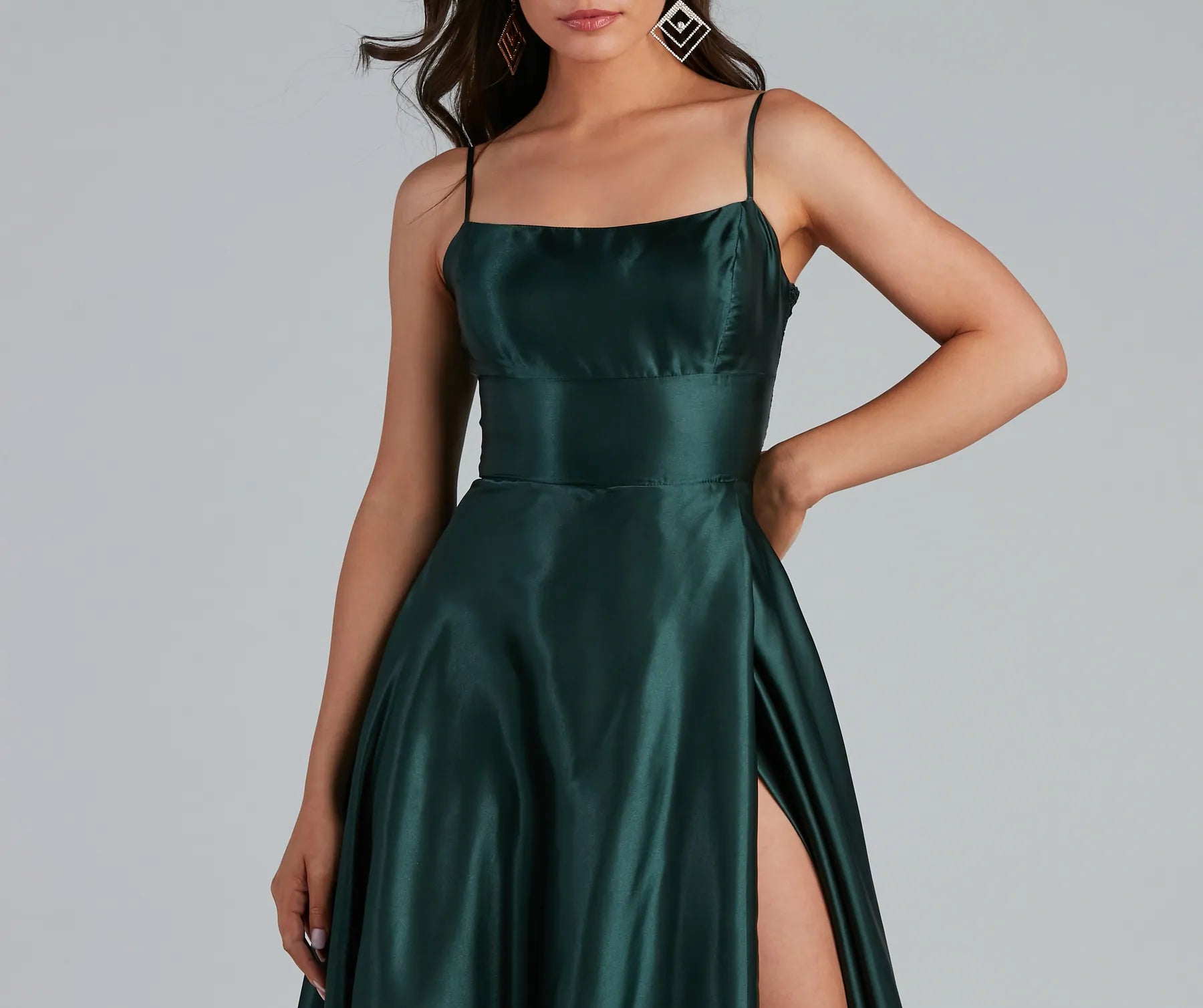 Lorella Satin Empire Lace Back Formal Dress - EMERALD
