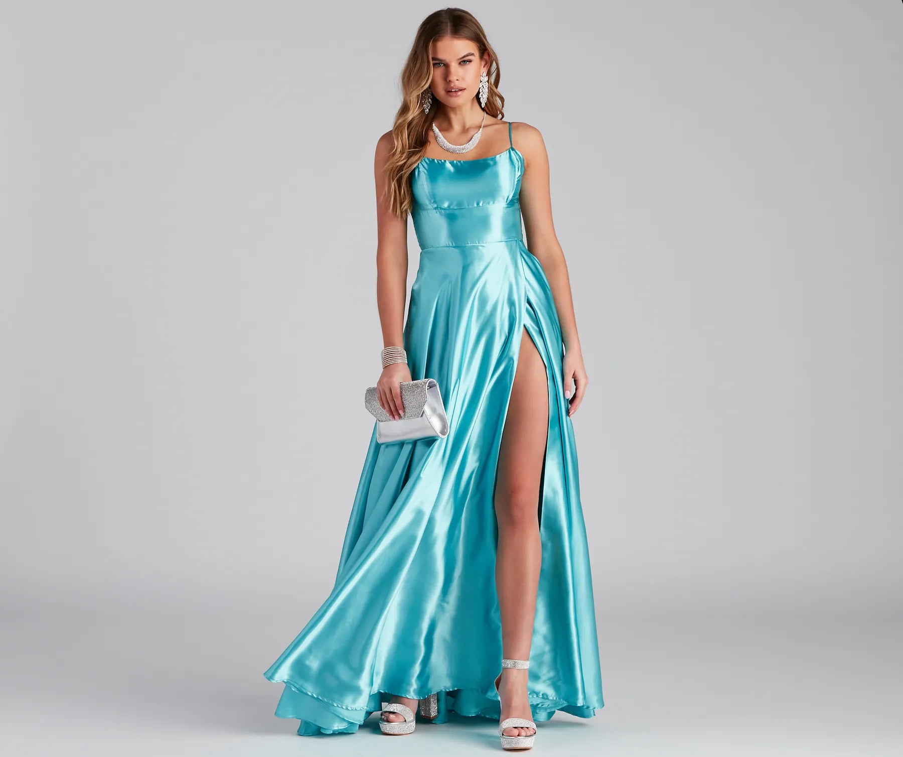 Lorella Satin Empire Lace Back Formal Dress - TURQUOISE