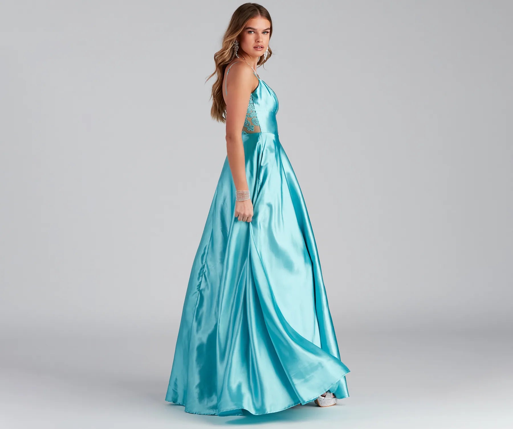 Lorella Satin Empire Lace Back Formal Dress - TURQUOISE