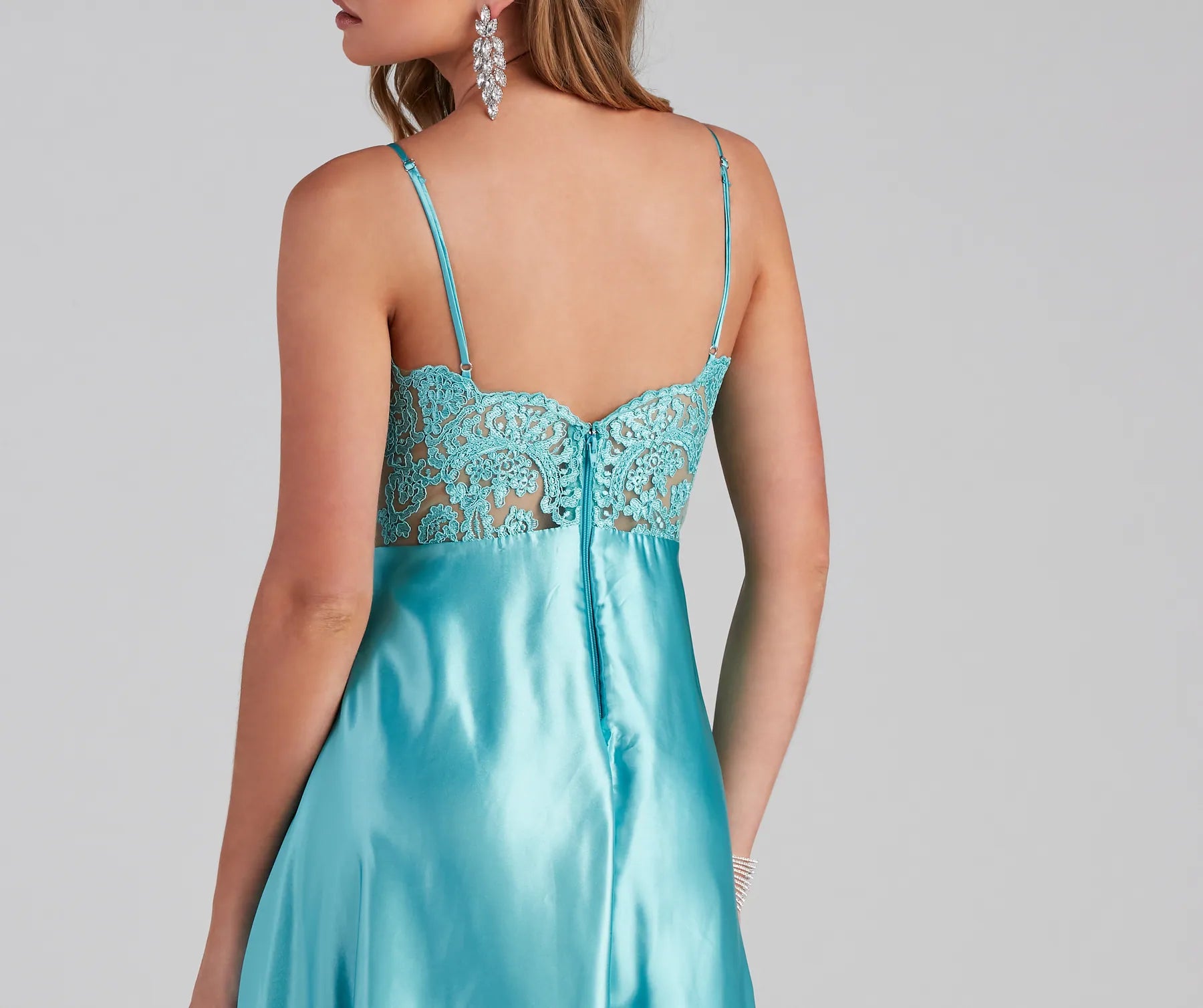 Lorella Satin Empire Lace Back Formal Dress - TURQUOISE